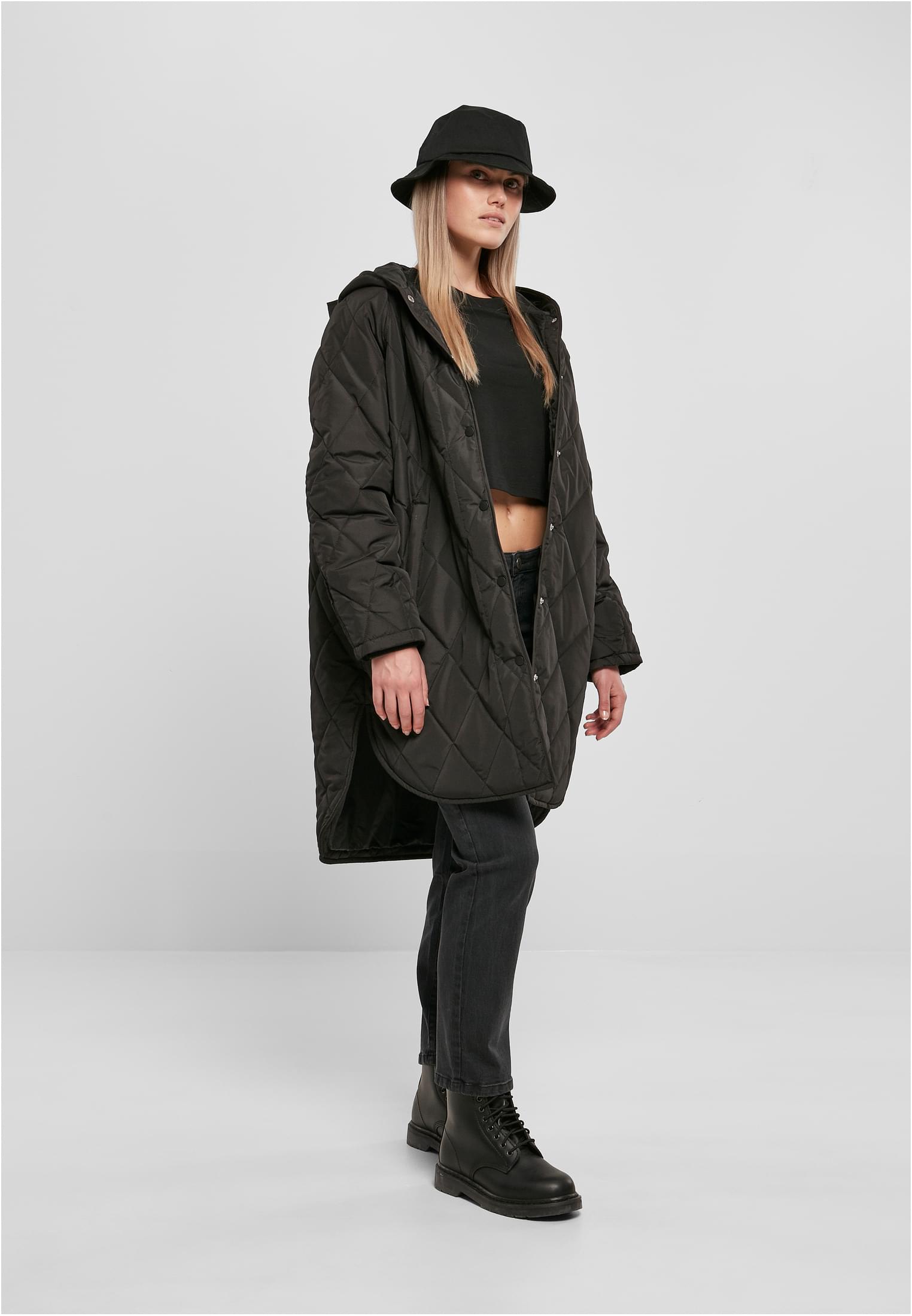 Ladies Oversized Diamond Quilted Hooded Coat | black