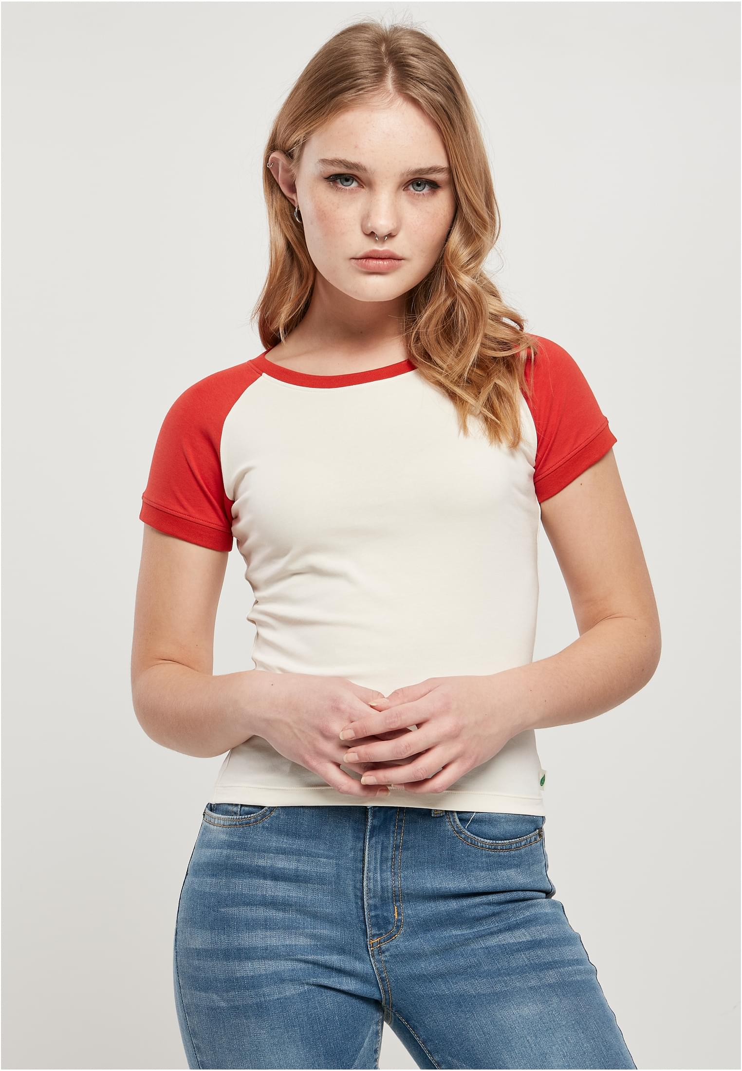 Ladies Organic Stretch Short Retro Baseball Tee | whitesand/hugered