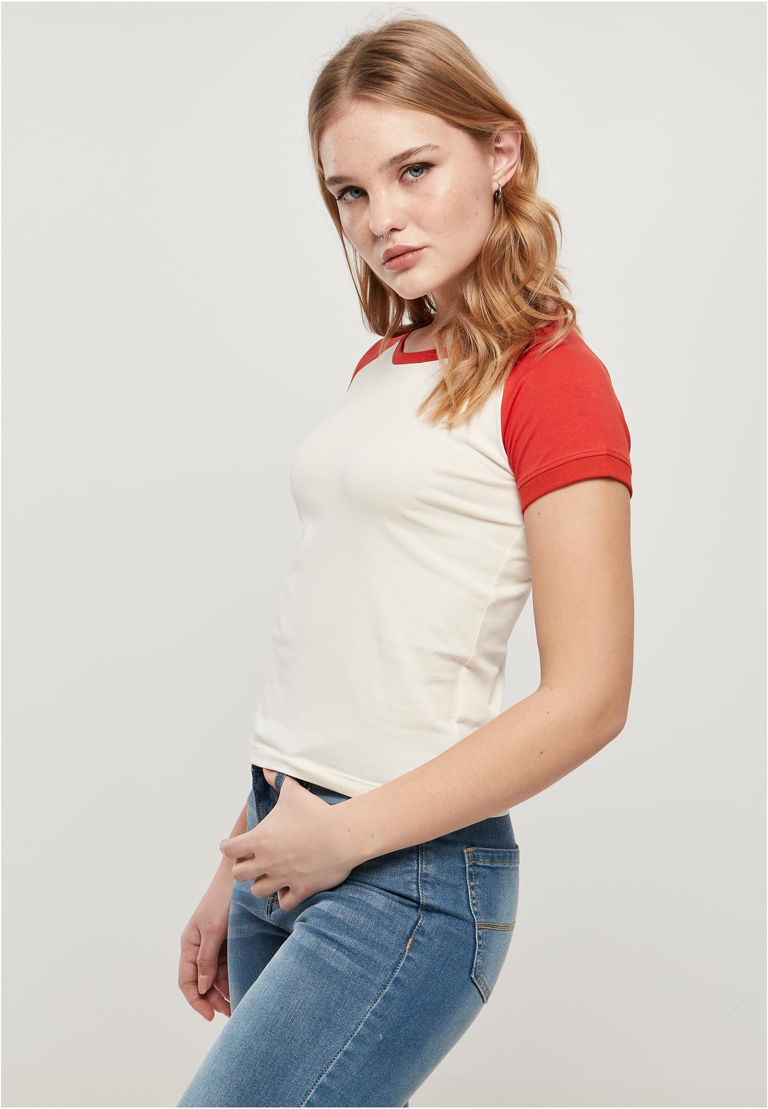 Ladies Organic Stretch Short Retro Baseball Tee | whitesand/hugered