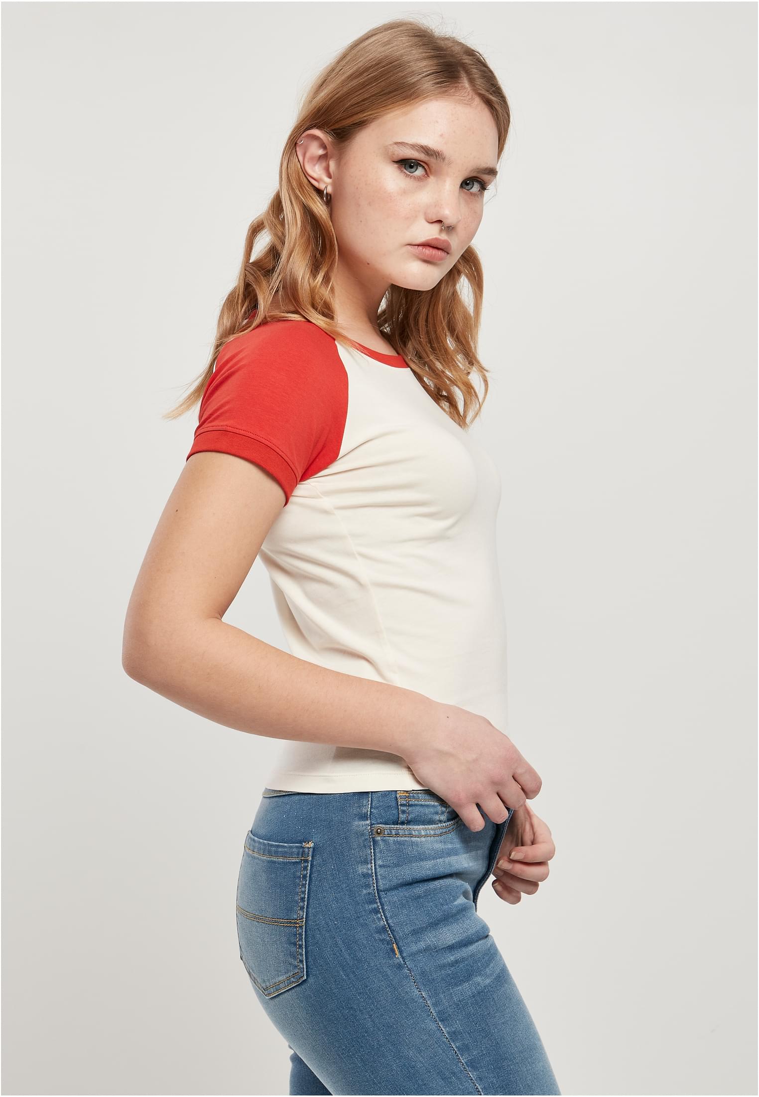 Ladies Organic Stretch Short Retro Baseball Tee | whitesand/hugered