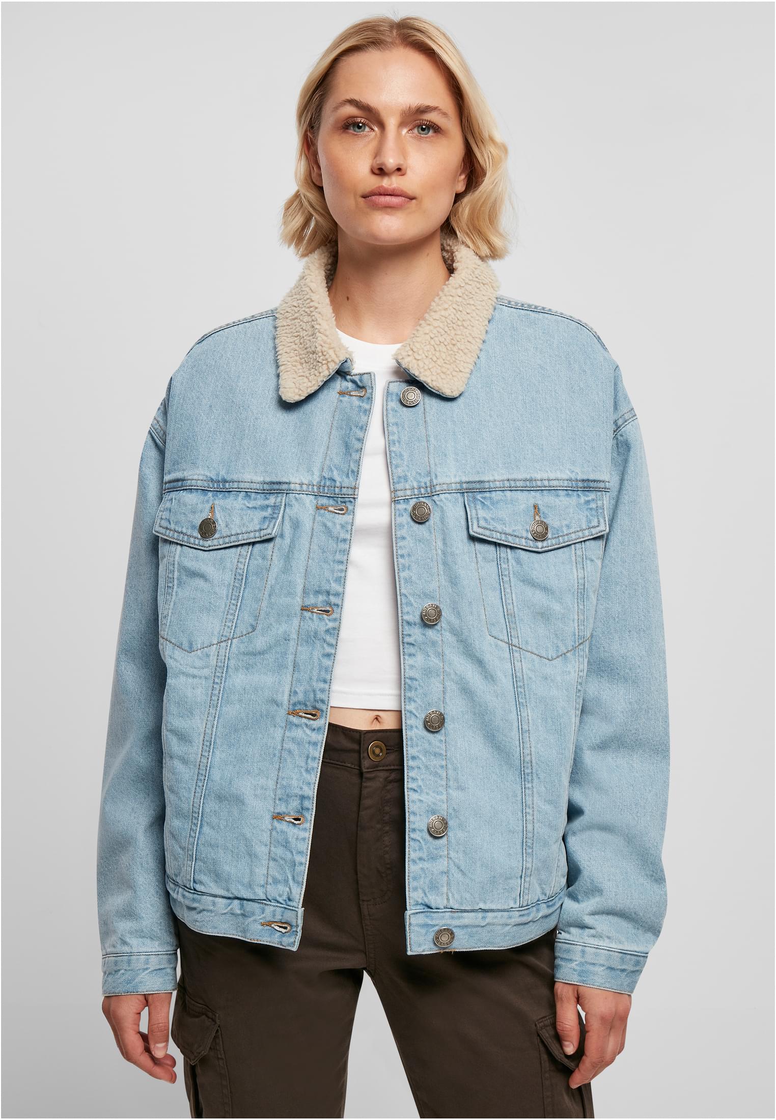 Ladies Oversized Sherpa Denim Jacket | clearblue bleached