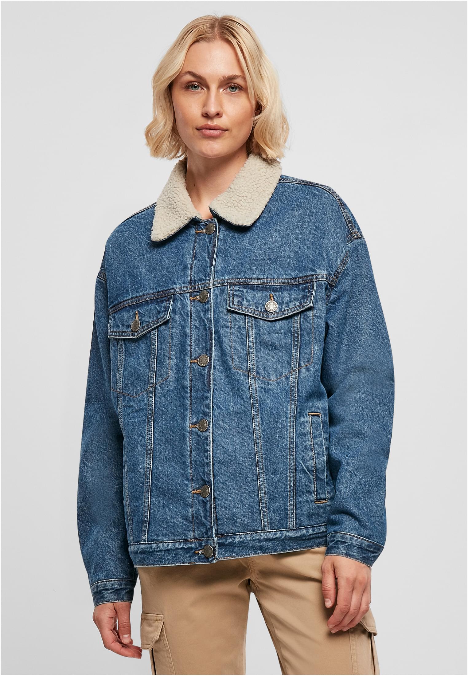 Ladies Oversized Sherpa Denim Jacket | clearblue washed