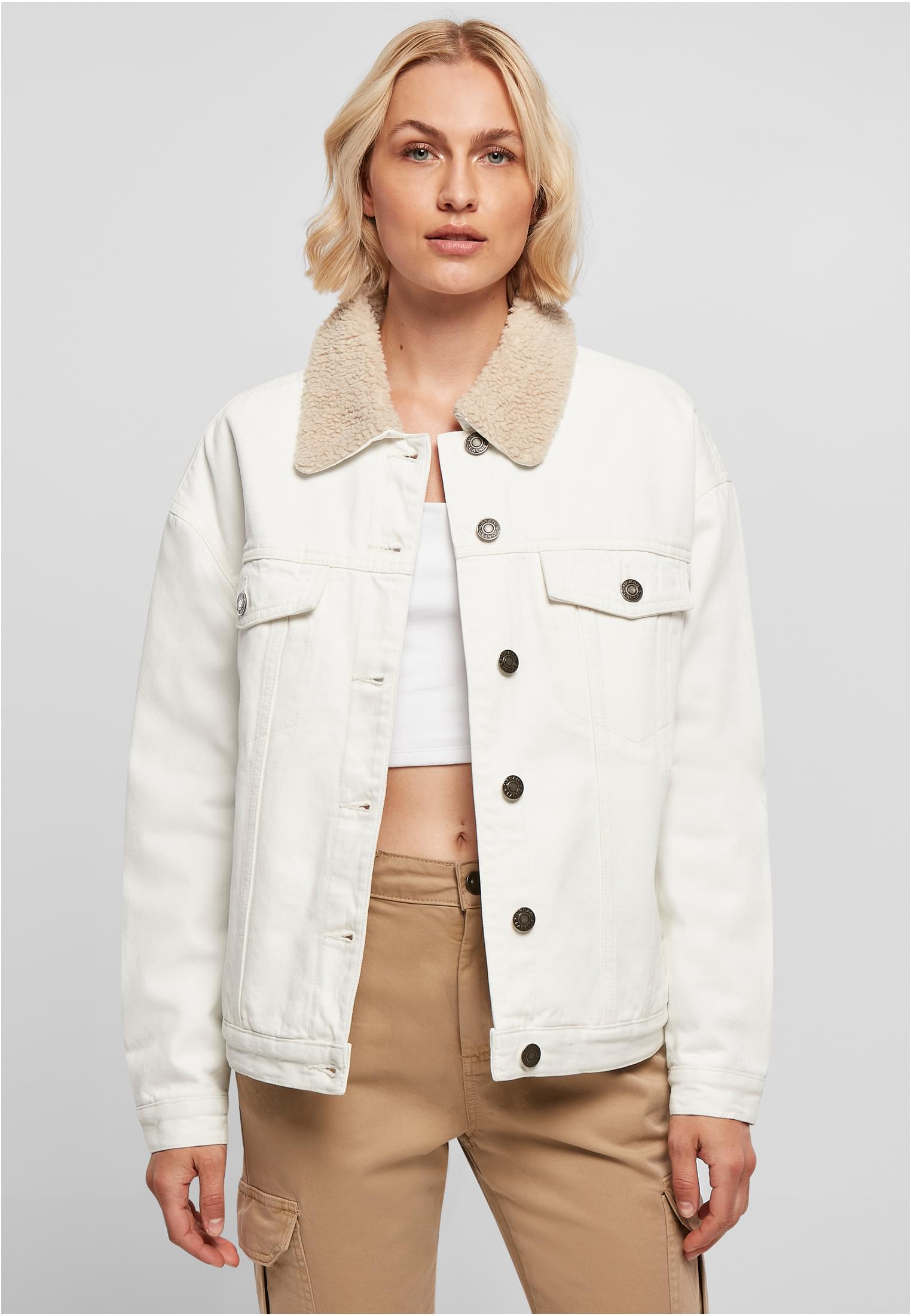 Ladies Oversized Sherpa Denim Jacket | offwhite raw