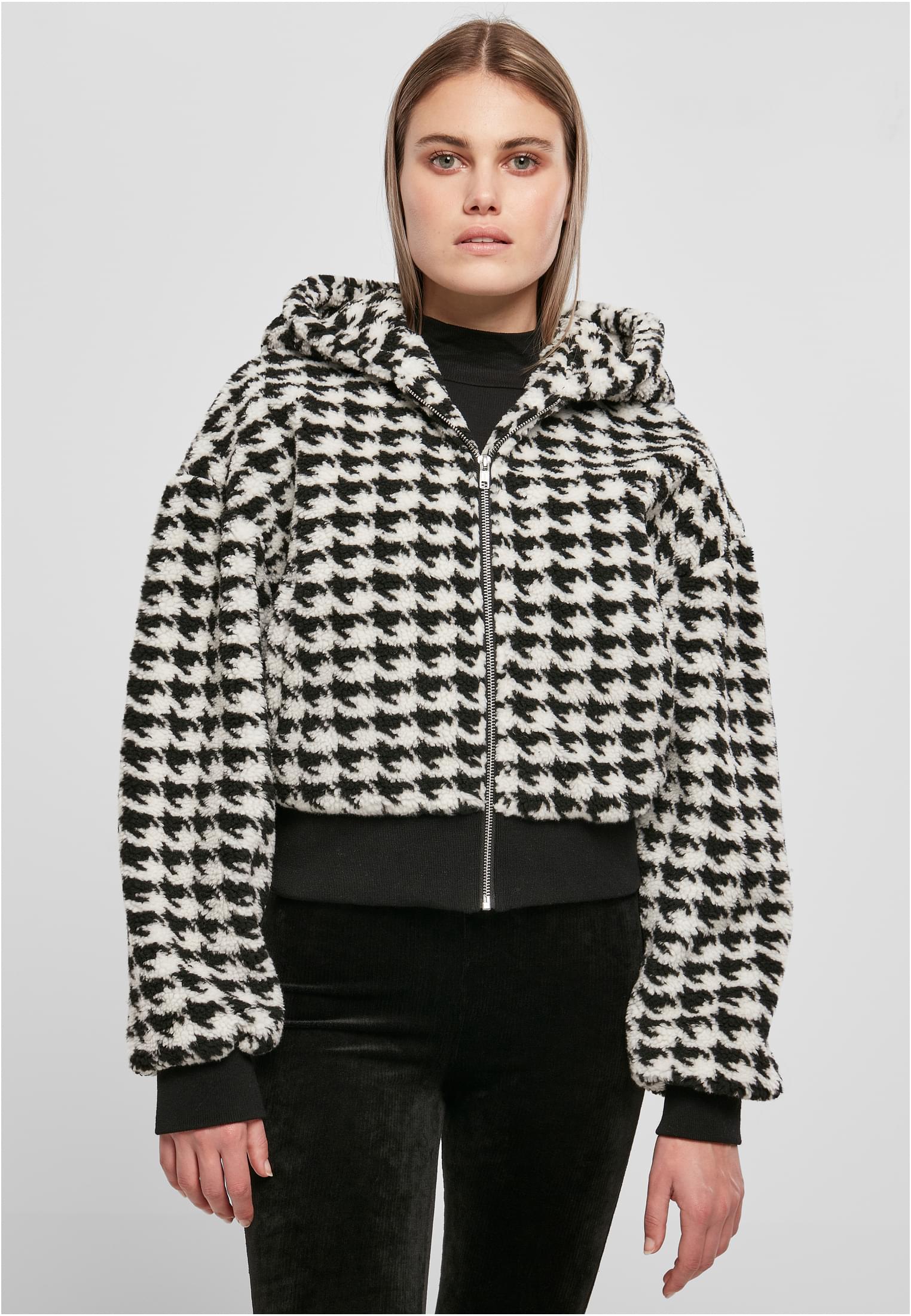 Ladies Short Oversized AOP Sherpa Jacket | blackhoundstooth