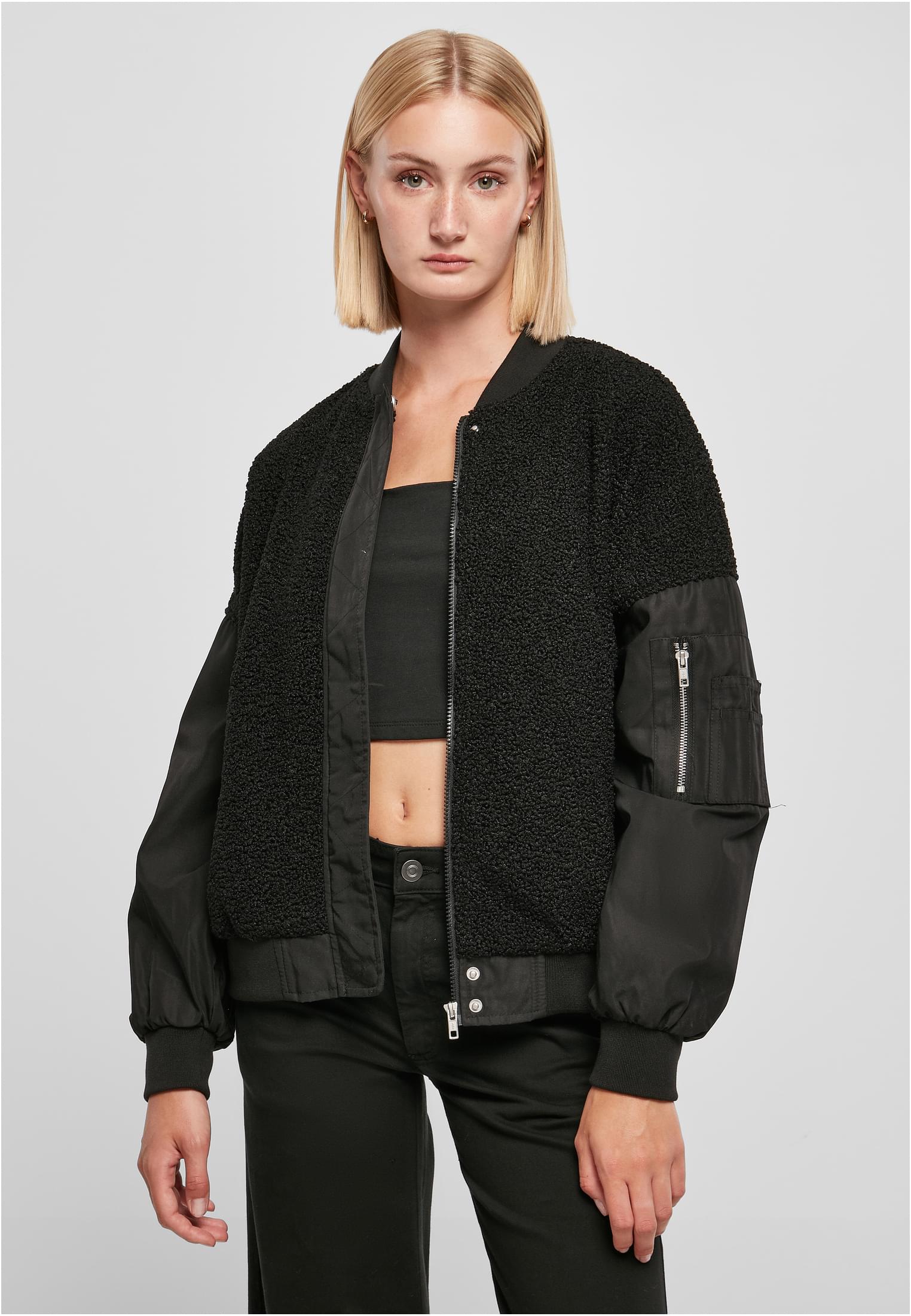 Ladies Oversized Sherpa Mixed Bomber Jacket | black