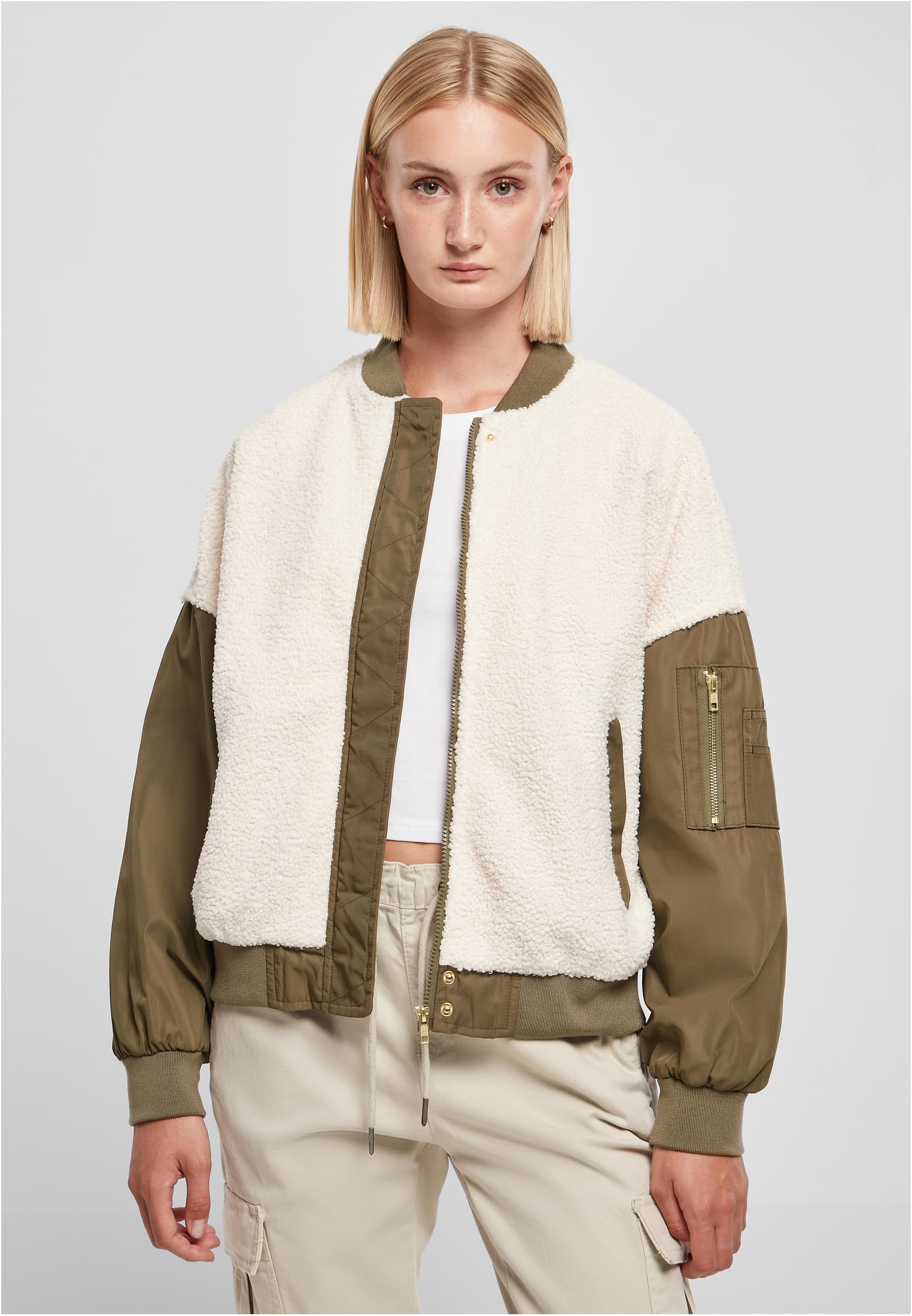 Ladies Oversized Sherpa Mixed Bomber Jacket | whitesand/darkolive