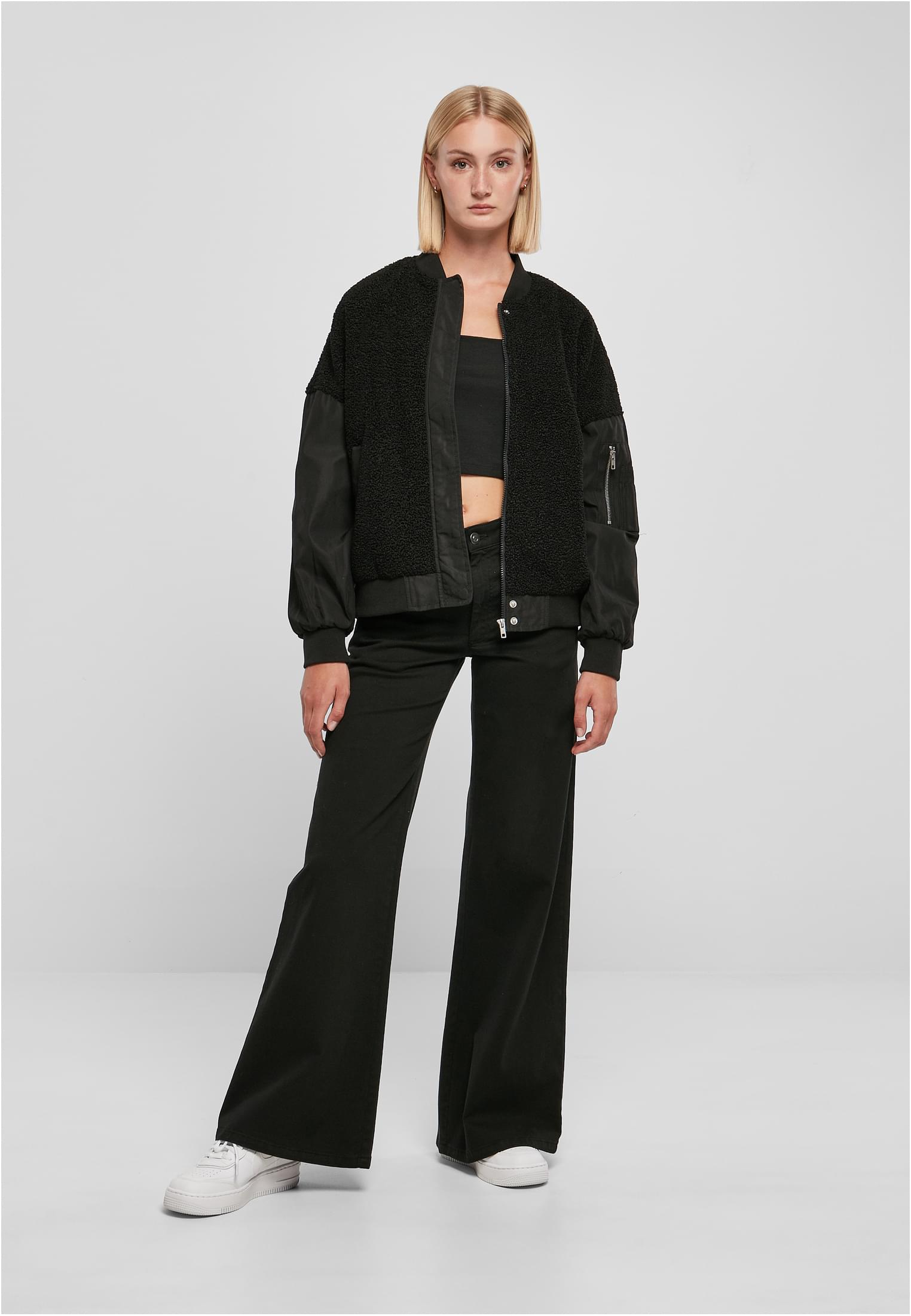 Ladies Oversized Sherpa Mixed Bomber Jacket | black