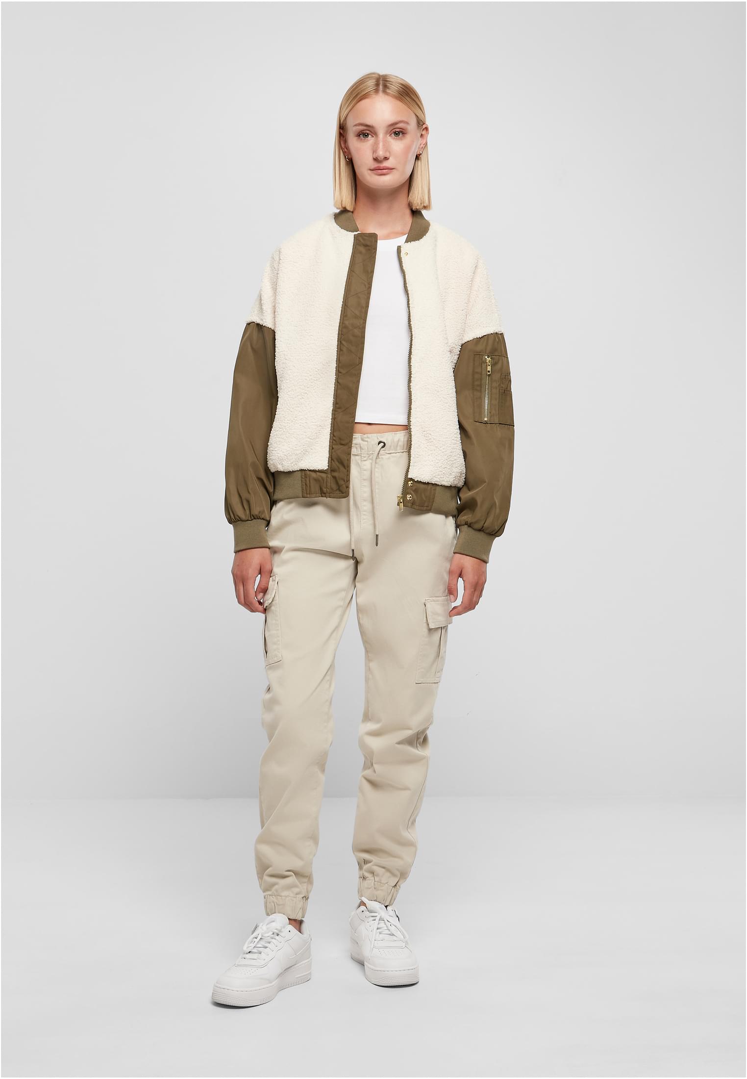 Ladies Oversized Sherpa Mixed Bomber Jacket | whitesand/darkolive