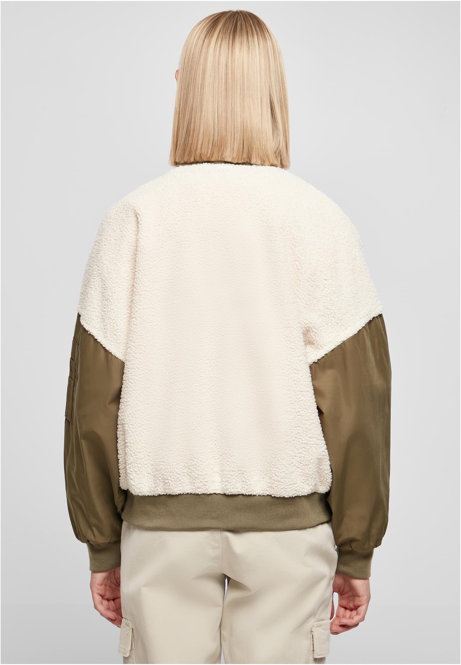 Ladies Oversized Sherpa Mixed Bomber Jacket | whitesand/darkolive