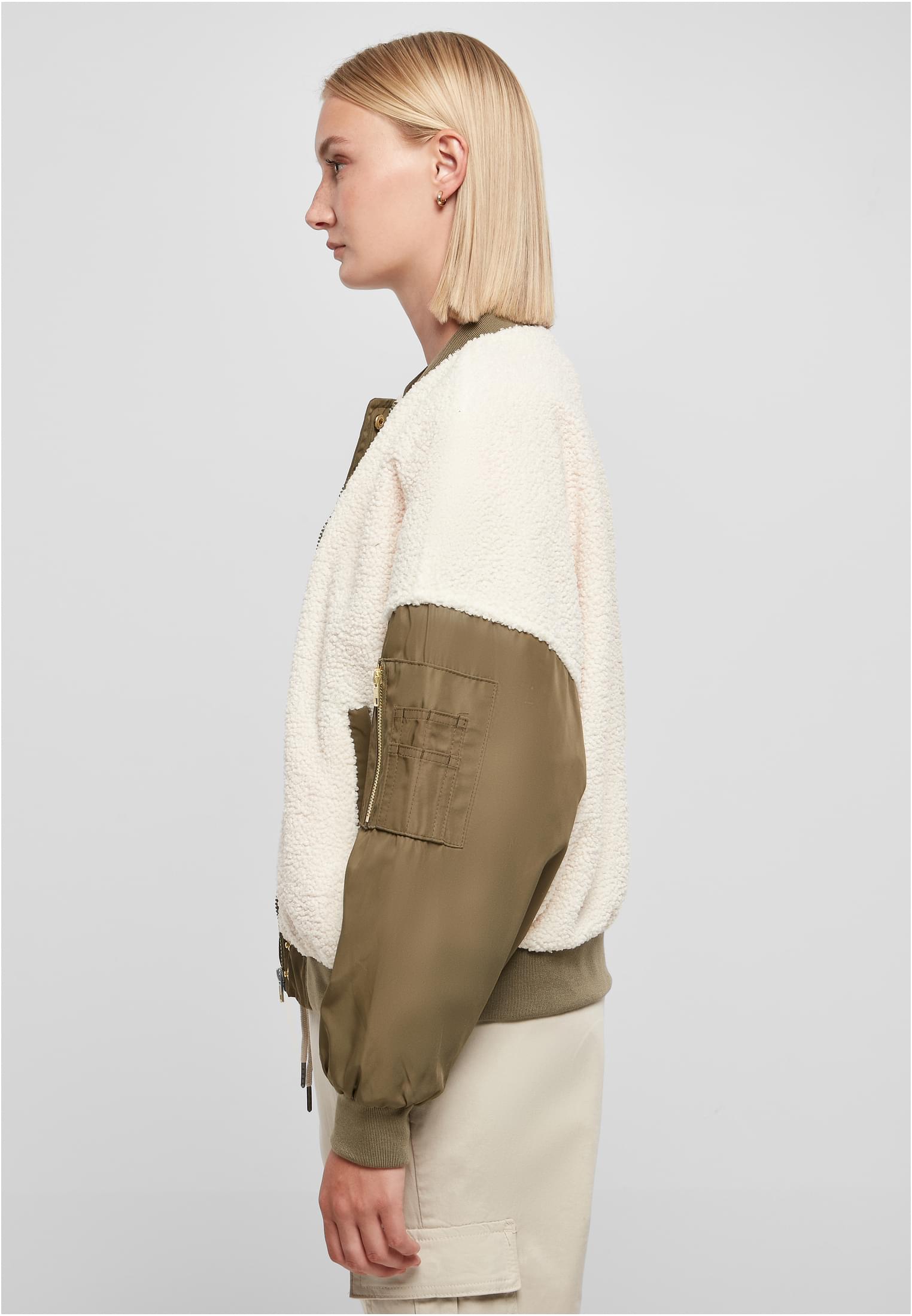 Ladies Oversized Sherpa Mixed Bomber Jacket | whitesand/darkolive