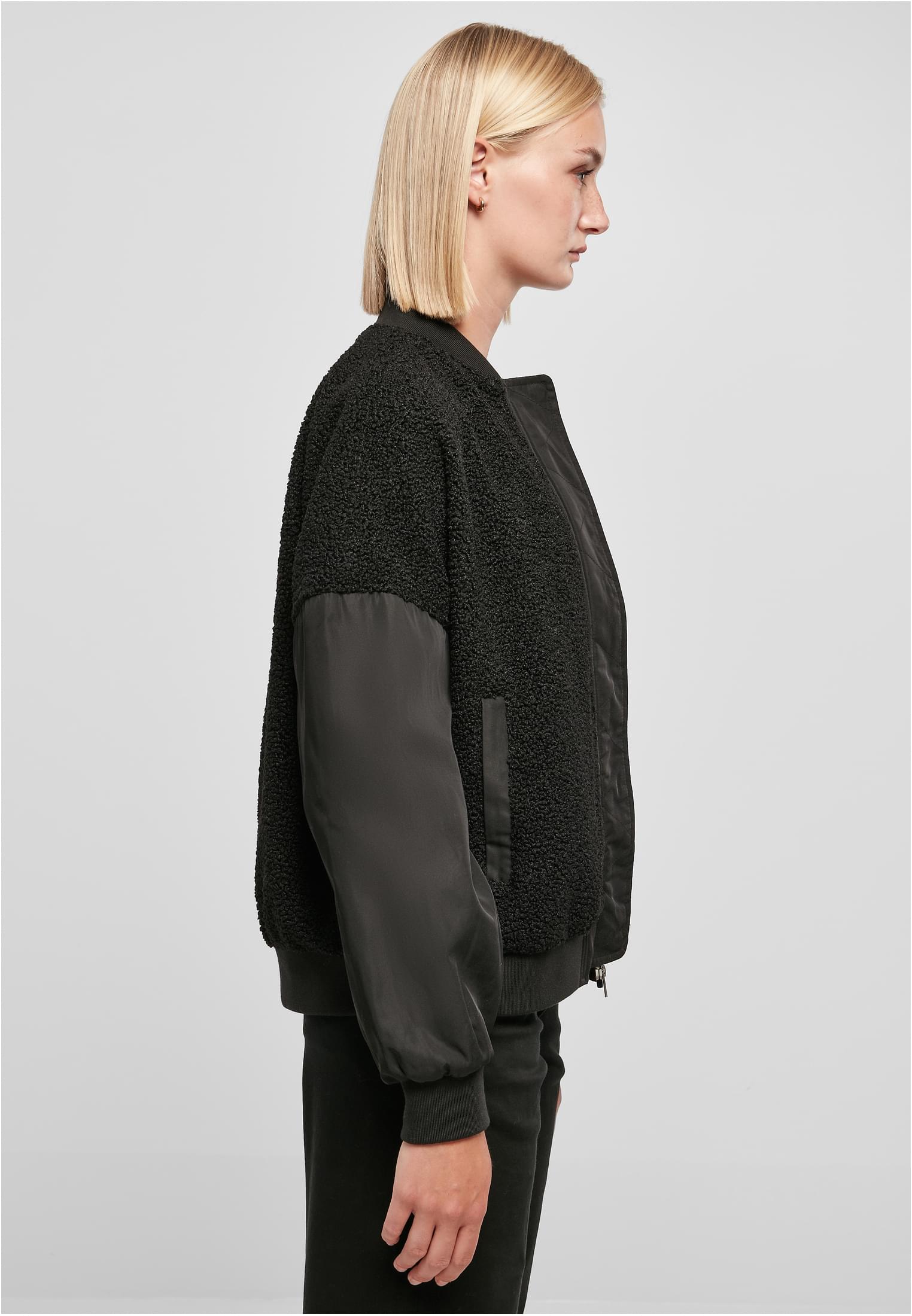 Ladies Oversized Sherpa Mixed Bomber Jacket | black