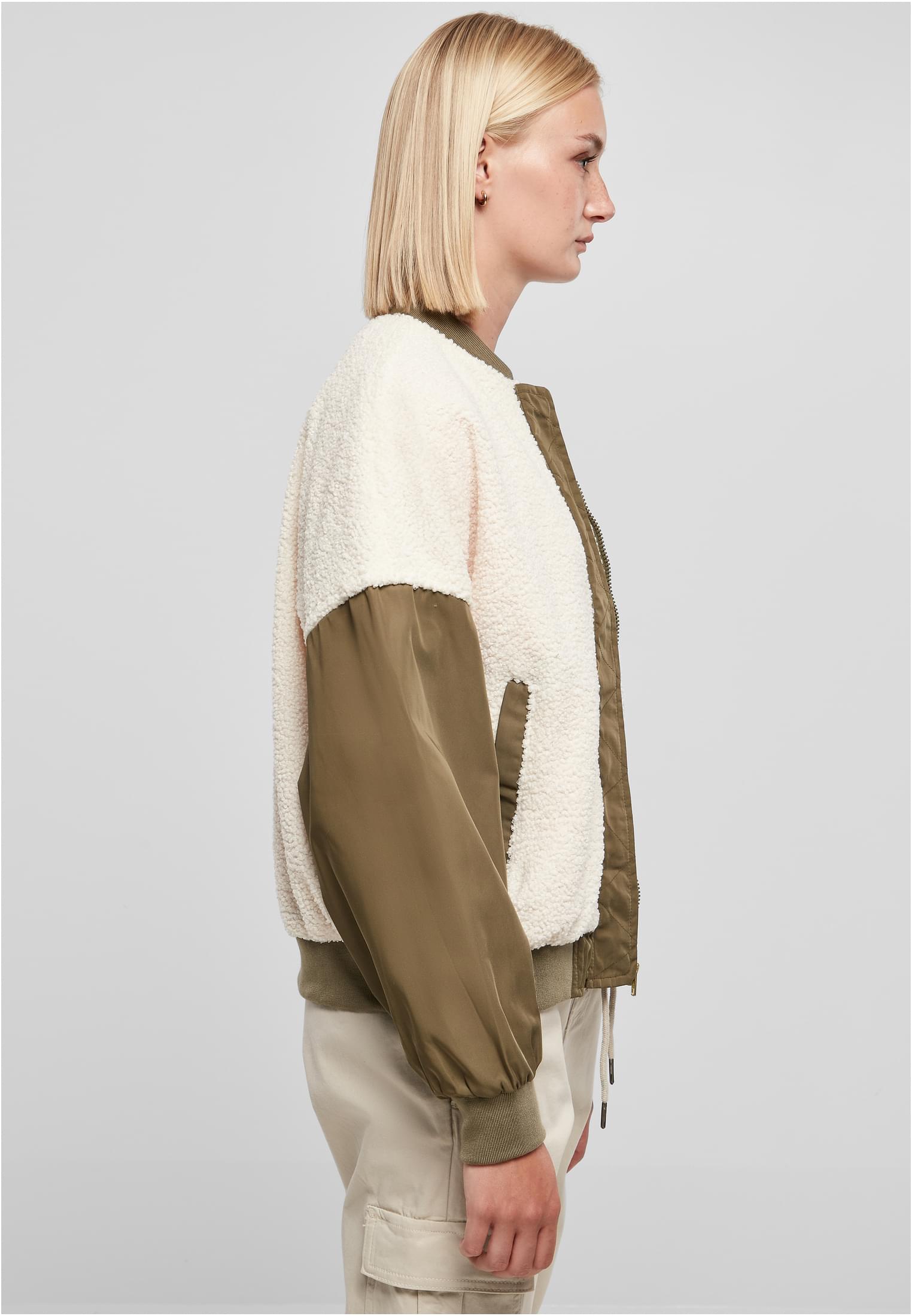 Ladies Oversized Sherpa Mixed Bomber Jacket | whitesand/darkolive