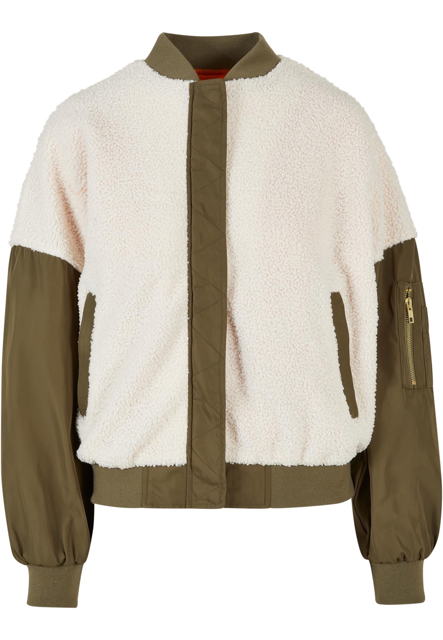 Ladies Oversized Sherpa Mixed Bomber Jacket | whitesand/darkolive