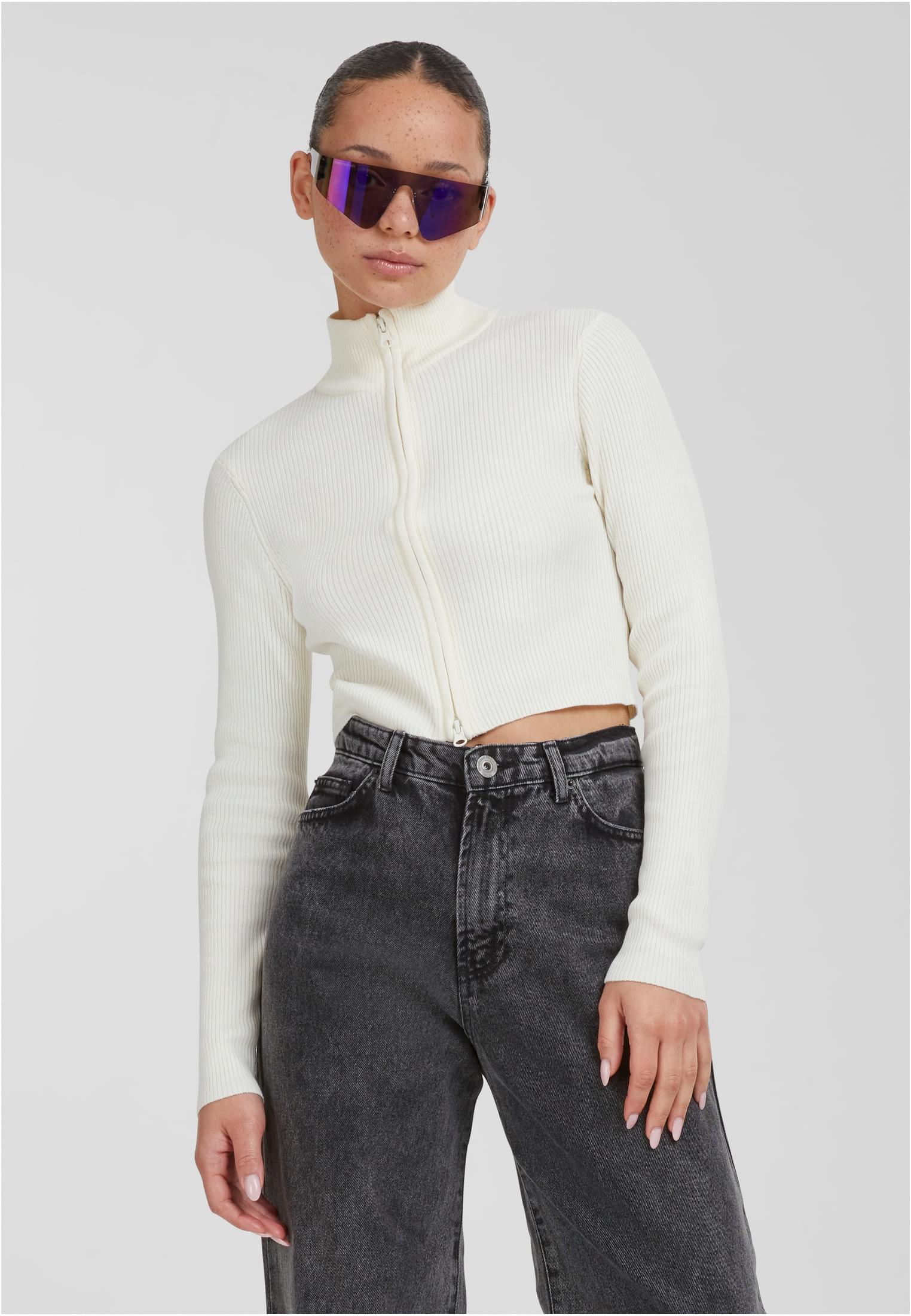 Ladies Cropped Rib Knit Zip Cardigan | whitesand