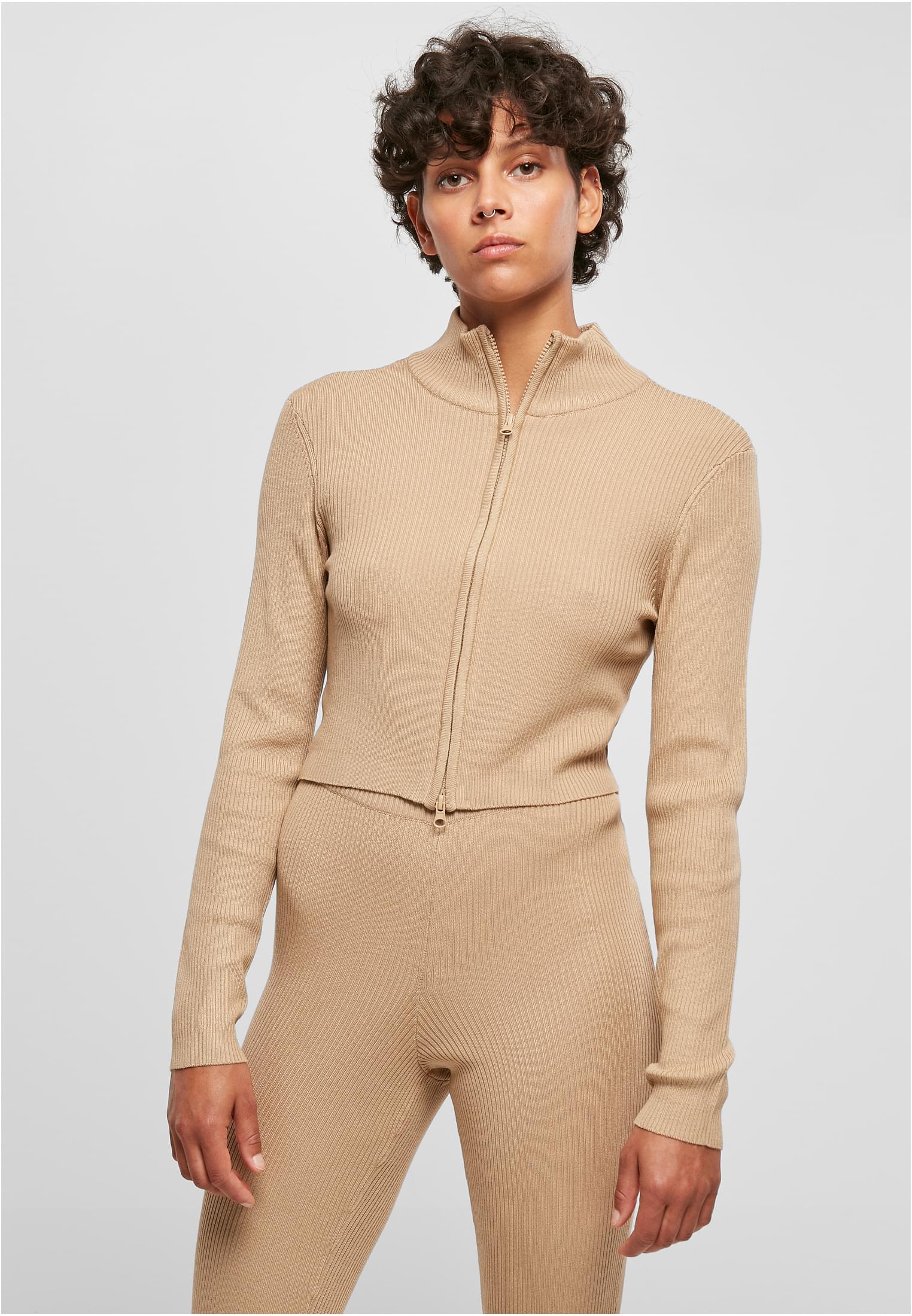 Ladies Cropped Rib Knit Zip Cardigan | unionbeige