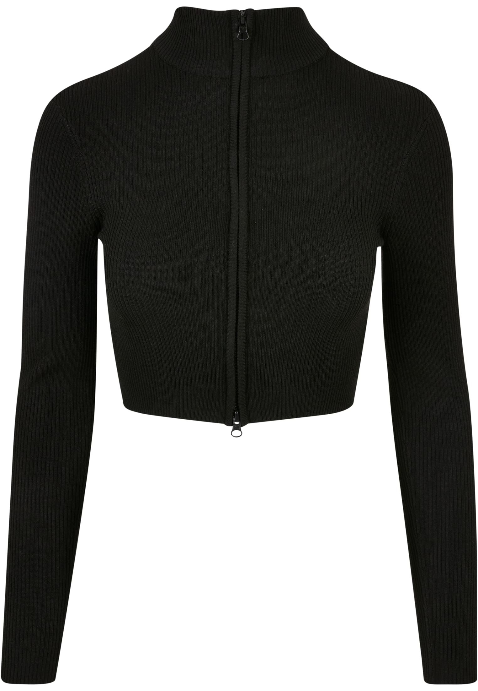 Ladies Cropped Rib Knit Zip Cardigan | black