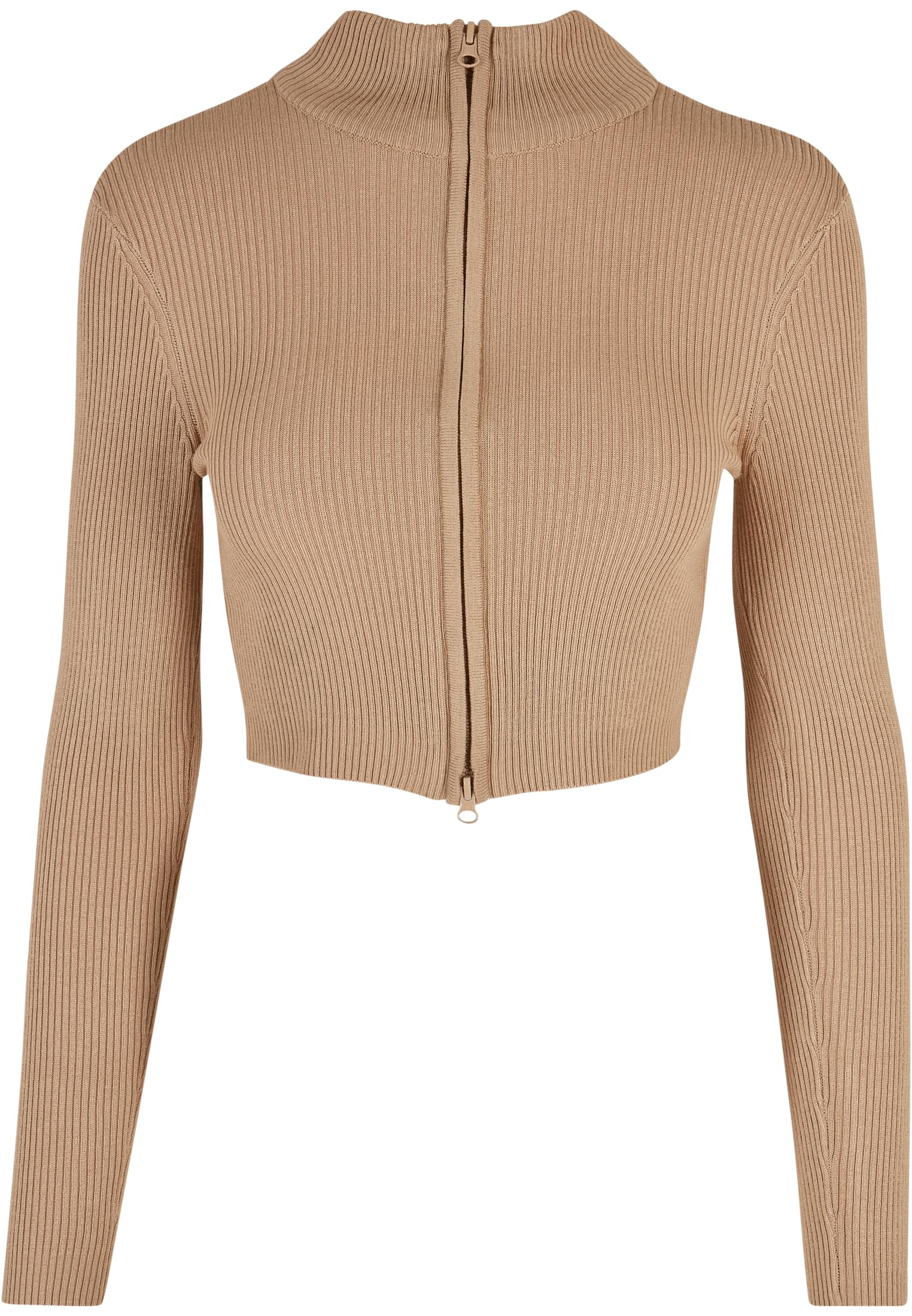 Ladies Cropped Rib Knit Zip Cardigan | unionbeige