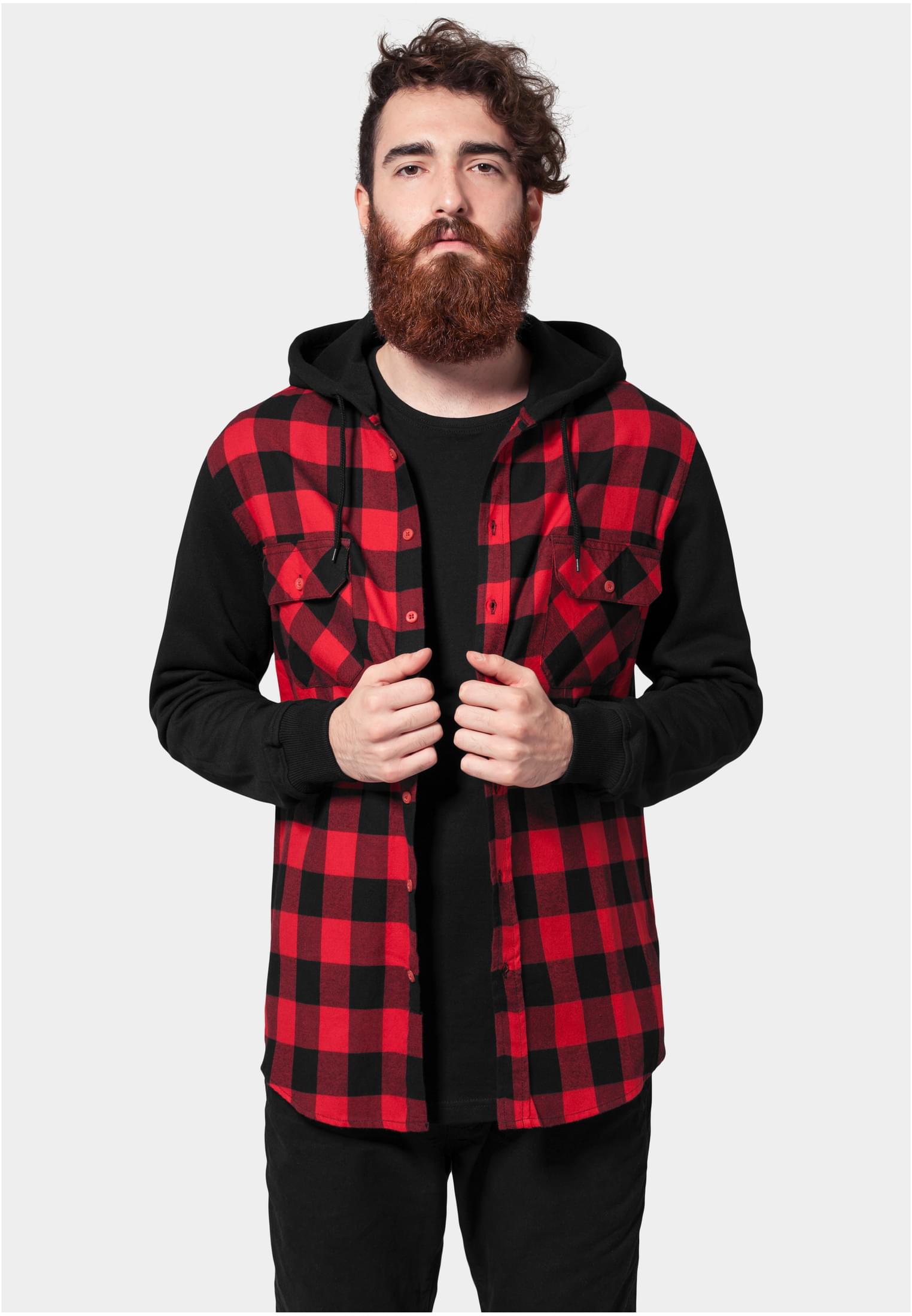 Hooded Checked Flanell Sweat Sleeve Shirt | blk/red/bl