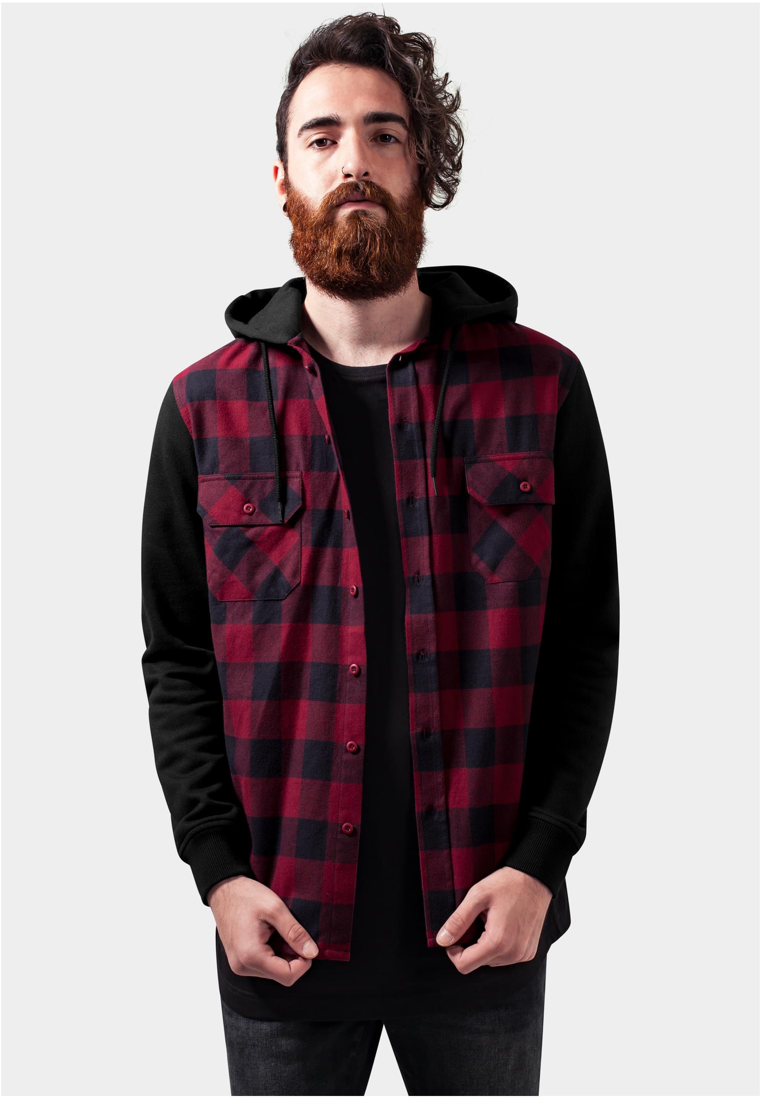 Hooded Checked Flanell Sweat Sleeve Shirt | blk/burgundy/blk