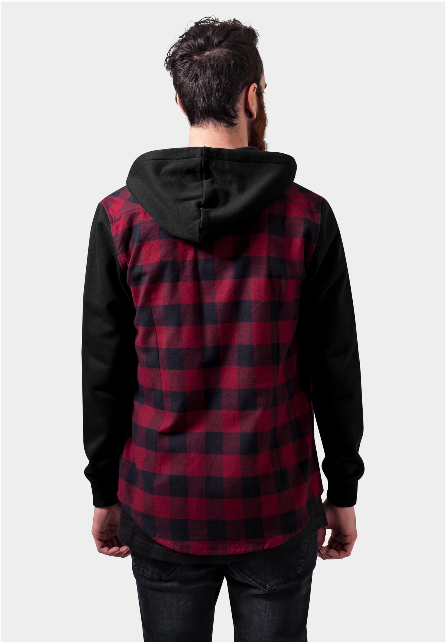 Hooded Checked Flanell Sweat Sleeve Shirt | blk/burgundy/blk