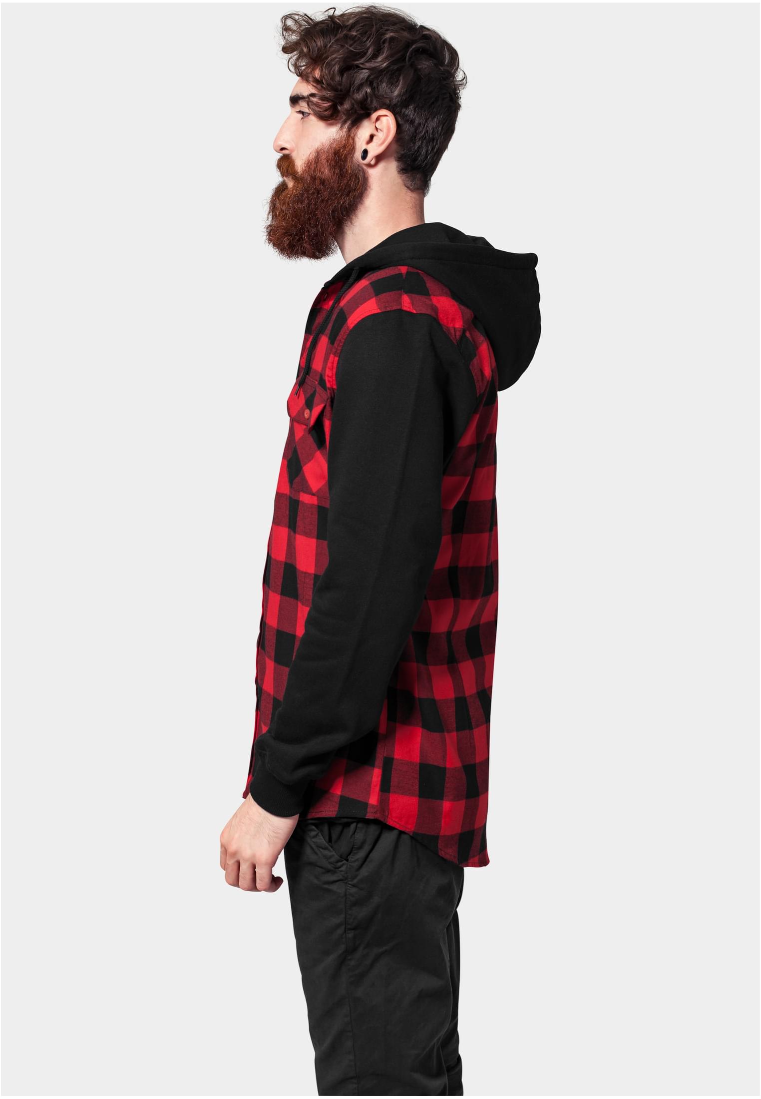 Hooded Checked Flanell Sweat Sleeve Shirt | blk/red/bl