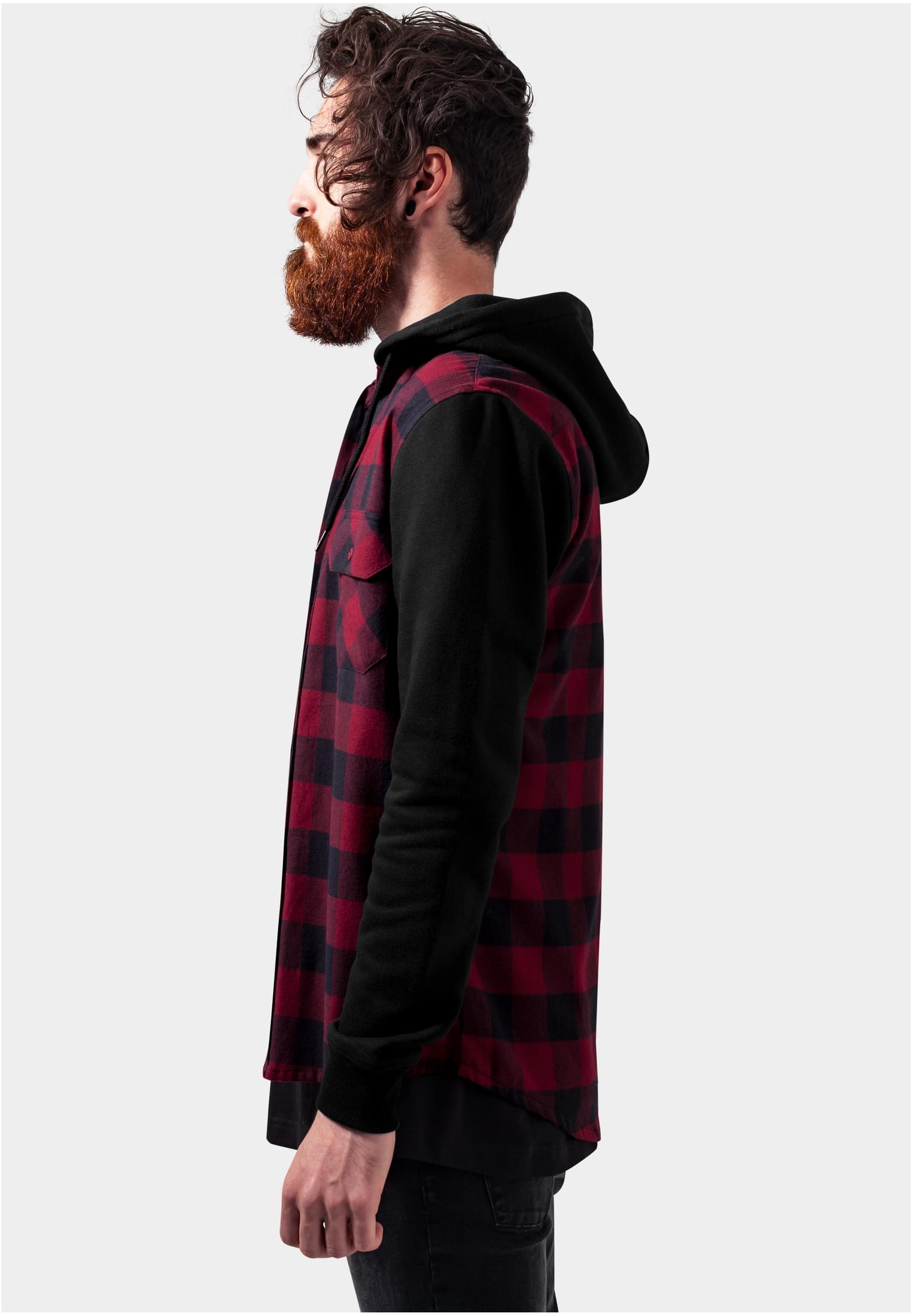 Hooded Checked Flanell Sweat Sleeve Shirt | blk/burgundy/blk