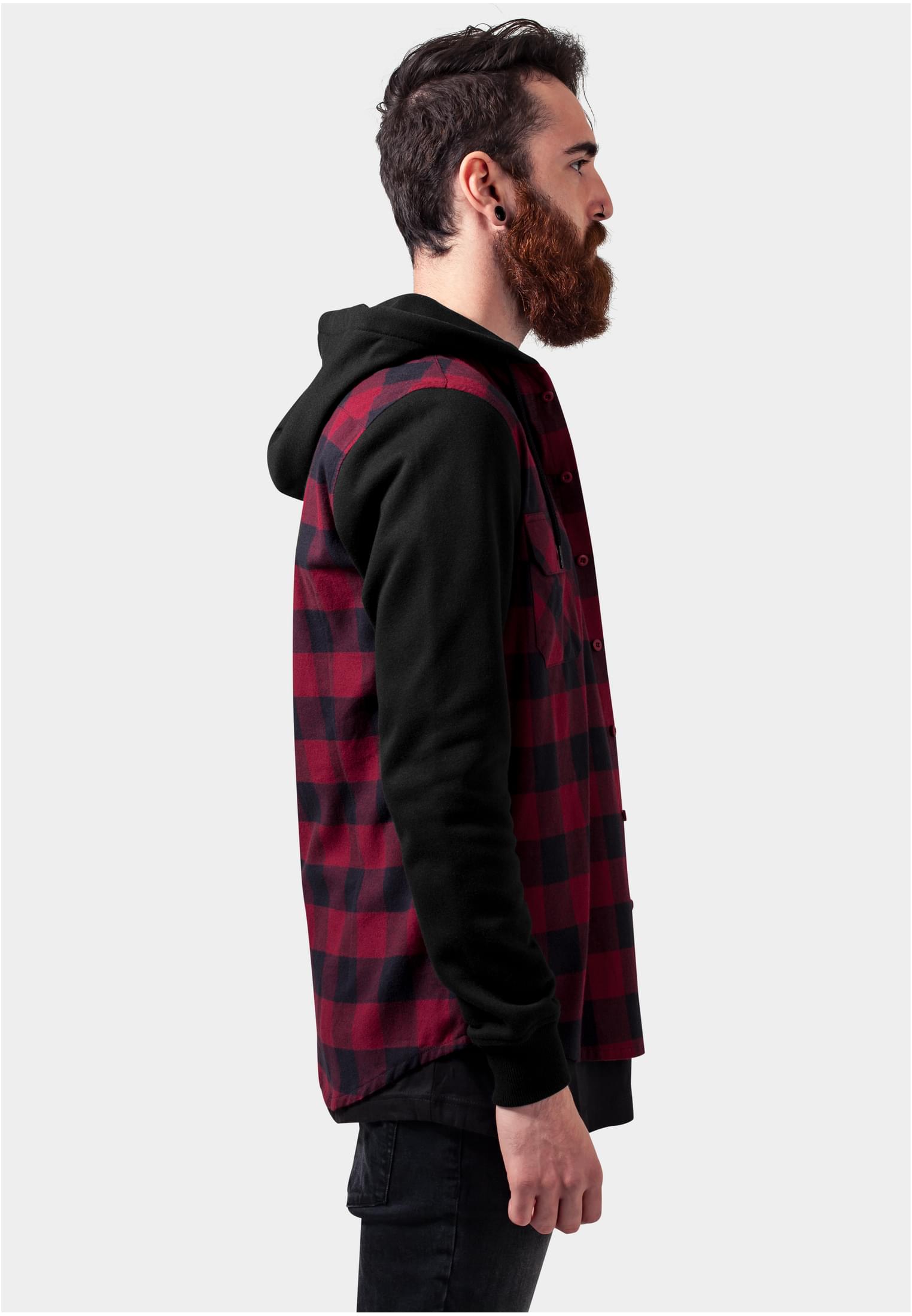 Hooded Checked Flanell Sweat Sleeve Shirt | blk/burgundy/blk