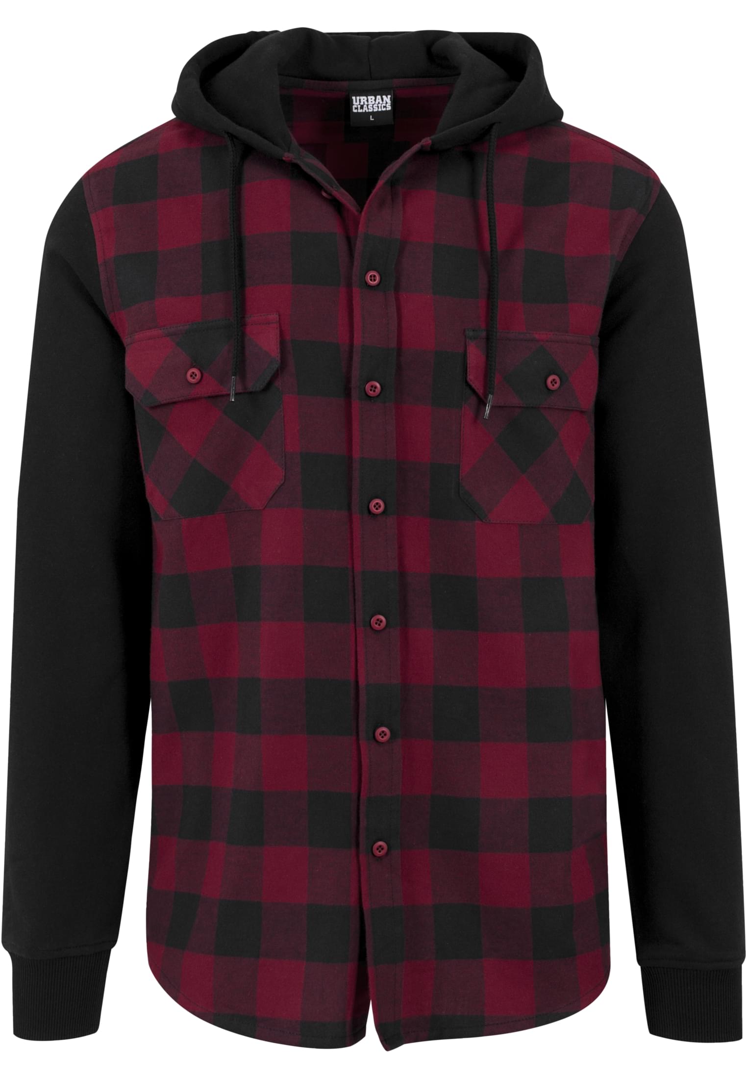 Hooded Checked Flanell Sweat Sleeve Shirt | blk/burgundy/blk