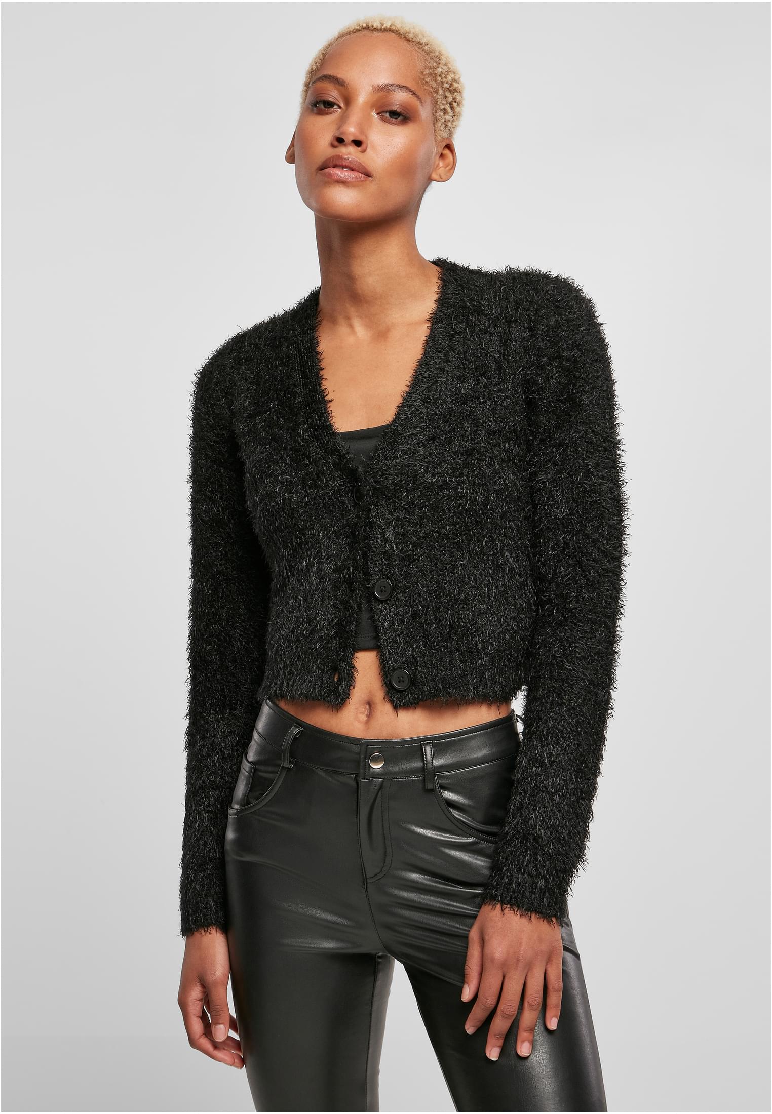 Ladies Cropped Feather Cardigan | black