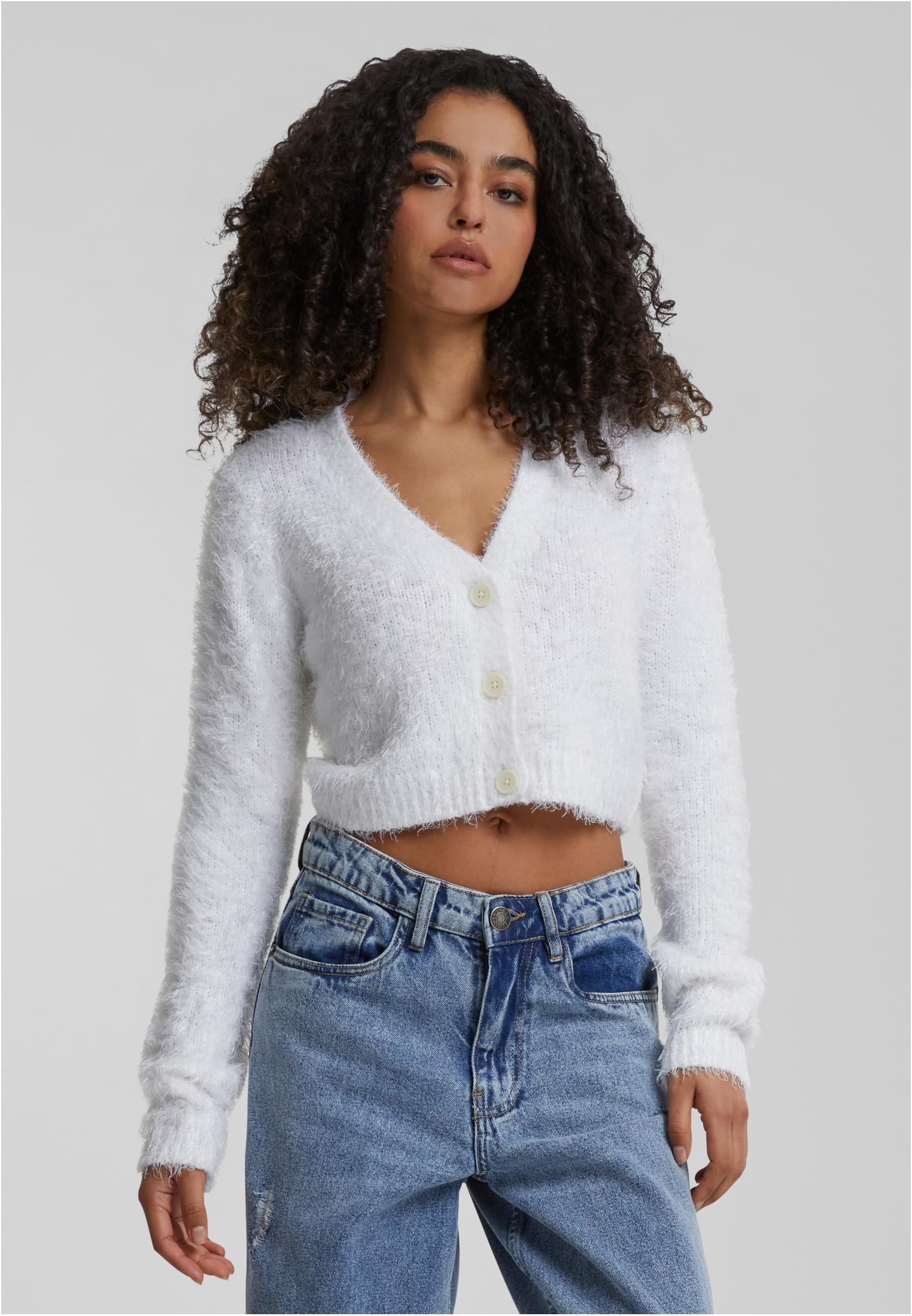 Ladies Cropped Feather Cardigan | white