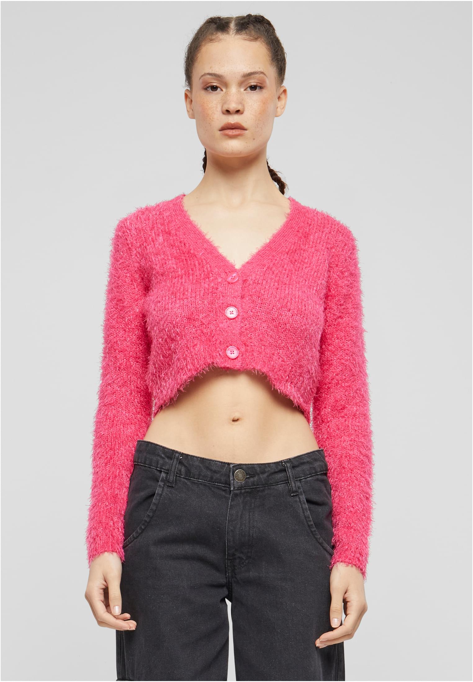 Ladies Cropped Feather Cardigan | hibiskus pink