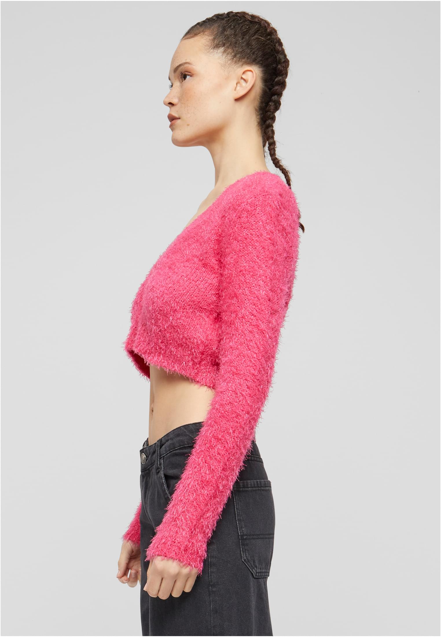 Ladies Cropped Feather Cardigan | hibiskus pink