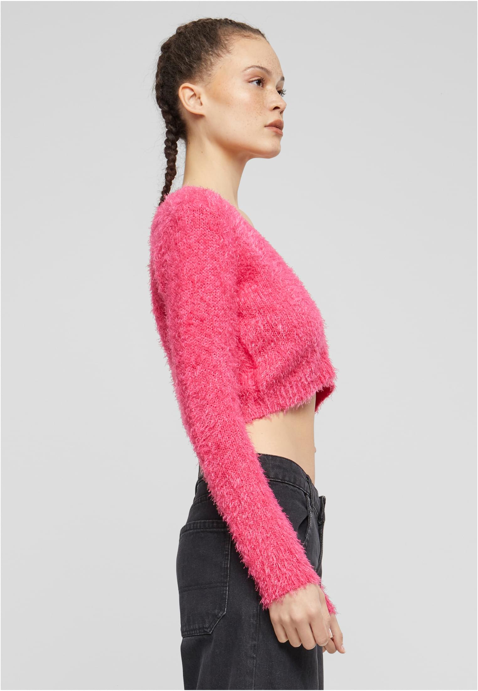 Ladies Cropped Feather Cardigan | hibiskus pink