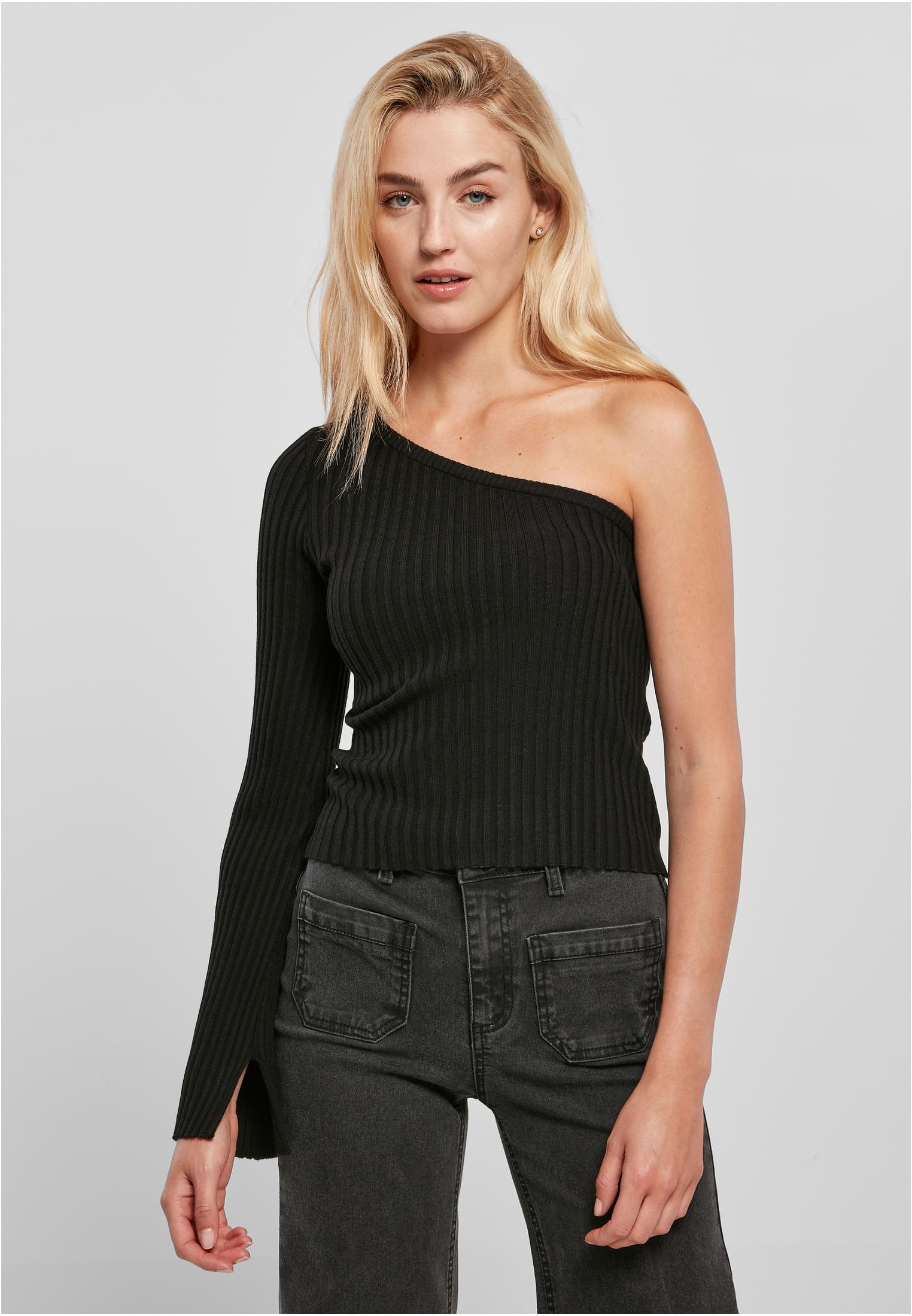 Ladies Short Rib Knit One Sleeve Sweater | black