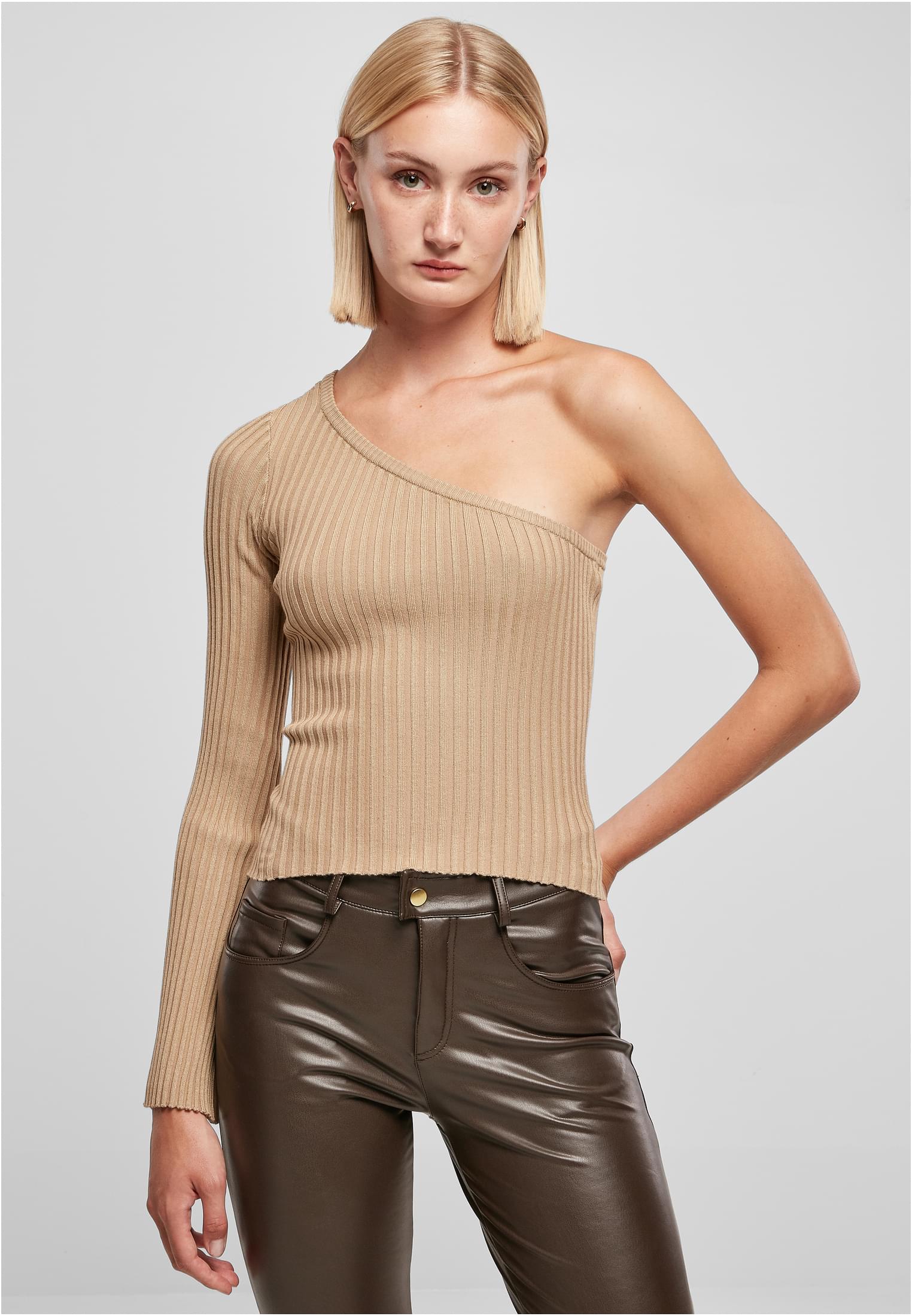 Ladies Short Rib Knit One Sleeve Sweater | unionbeige