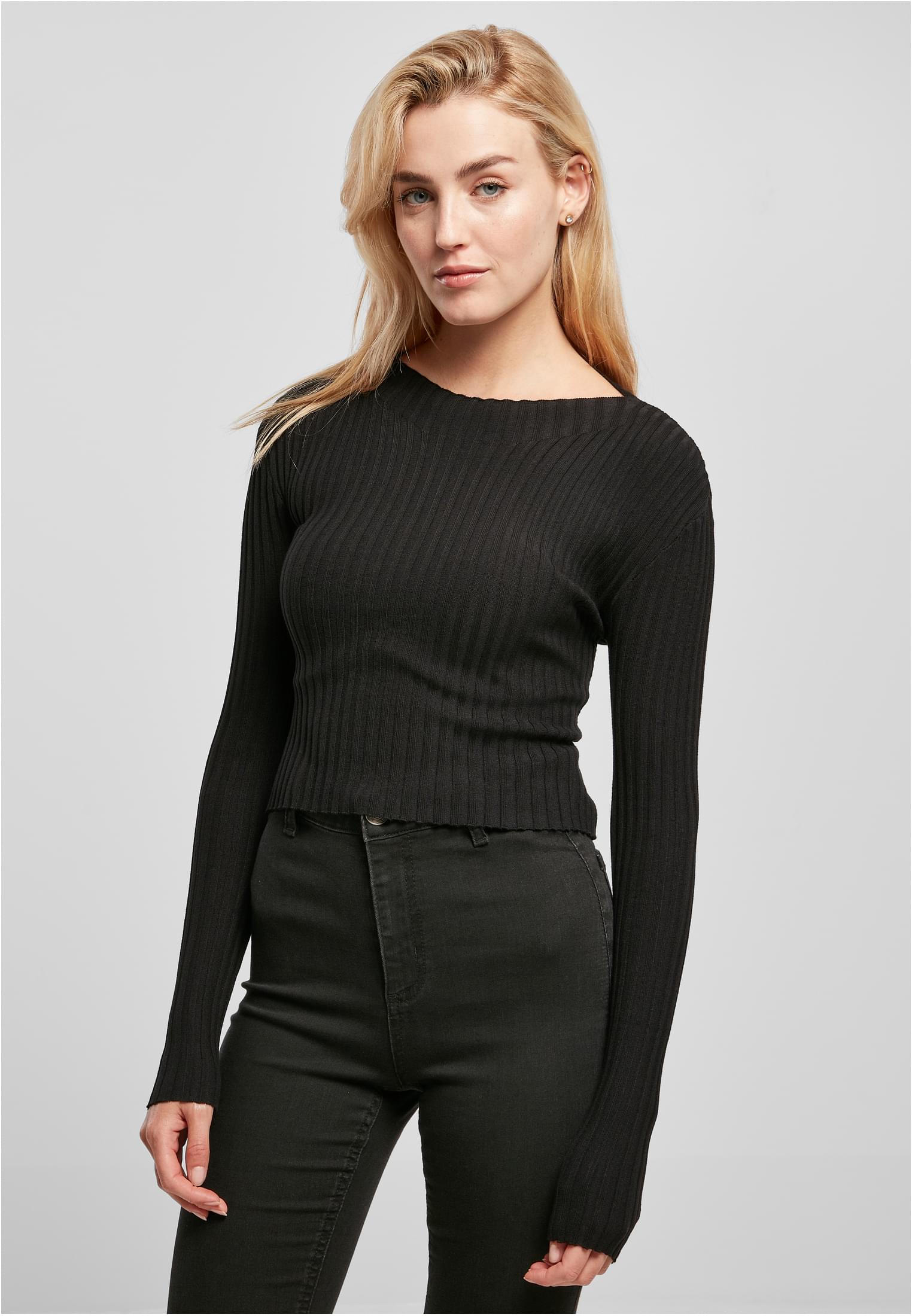 Ladies Short Rib Knit Twisted Back Sweater | black