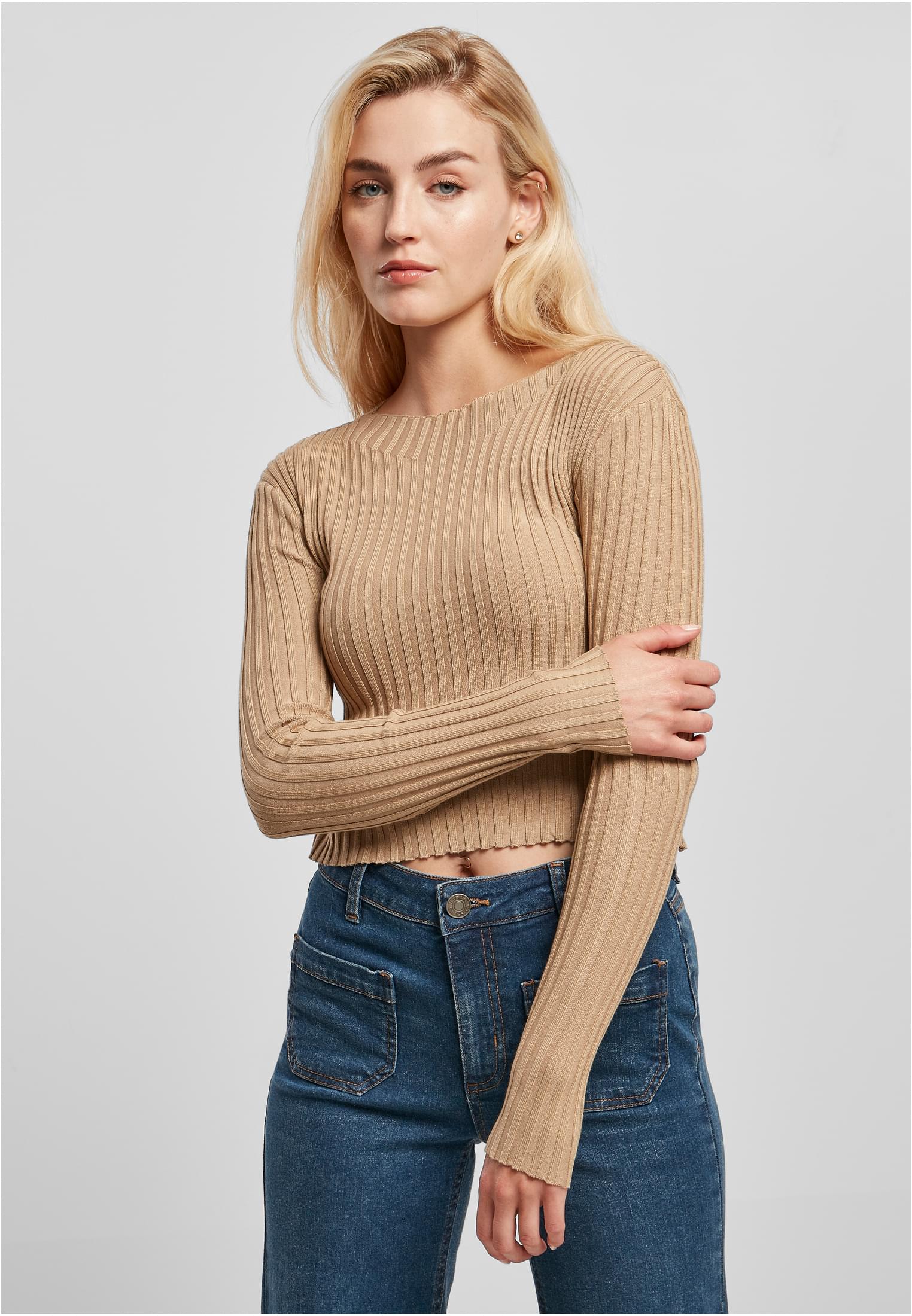 Ladies Short Rib Knit Twisted Back Sweater | unionbeige