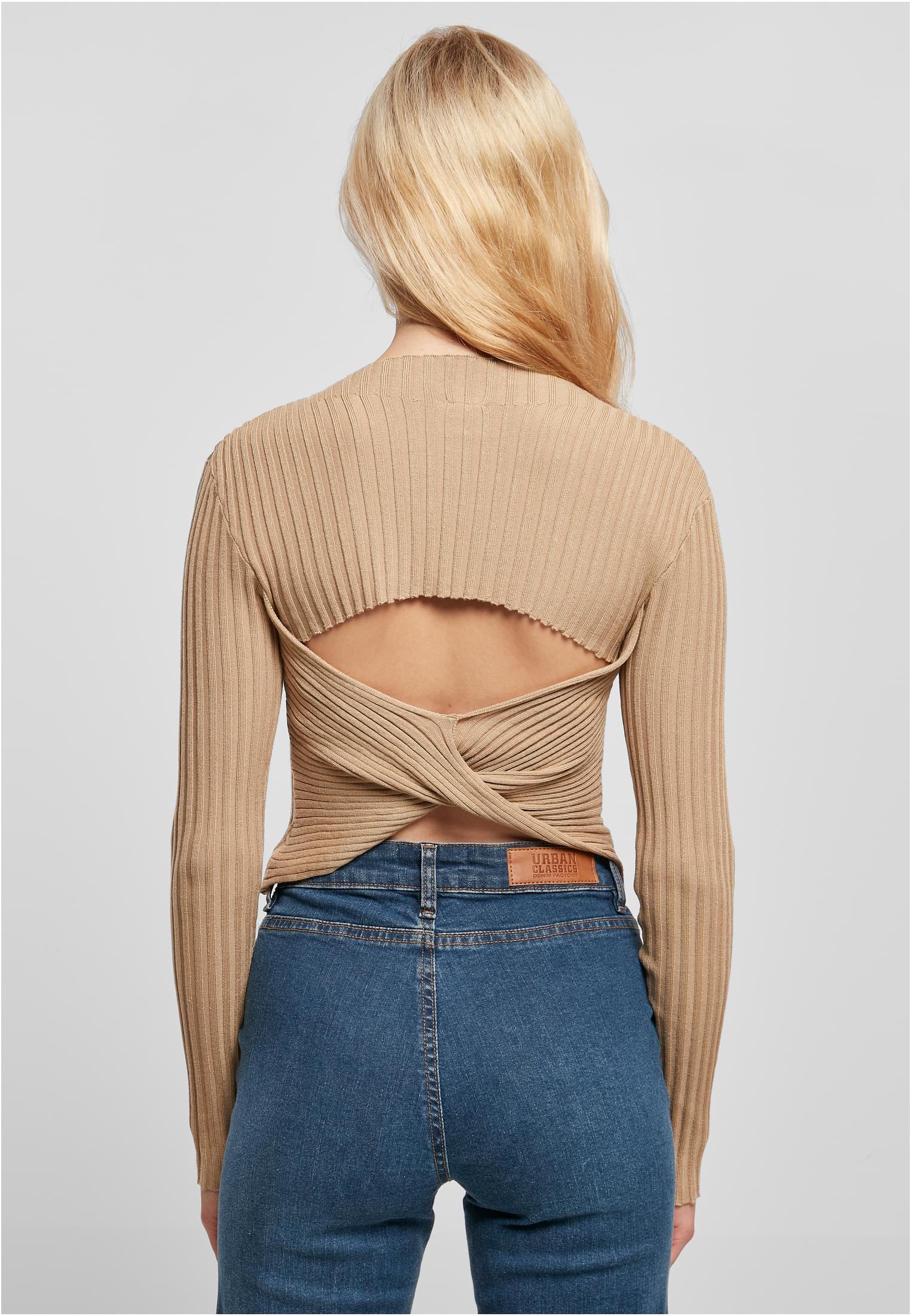 Ladies Short Rib Knit Twisted Back Sweater | unionbeige