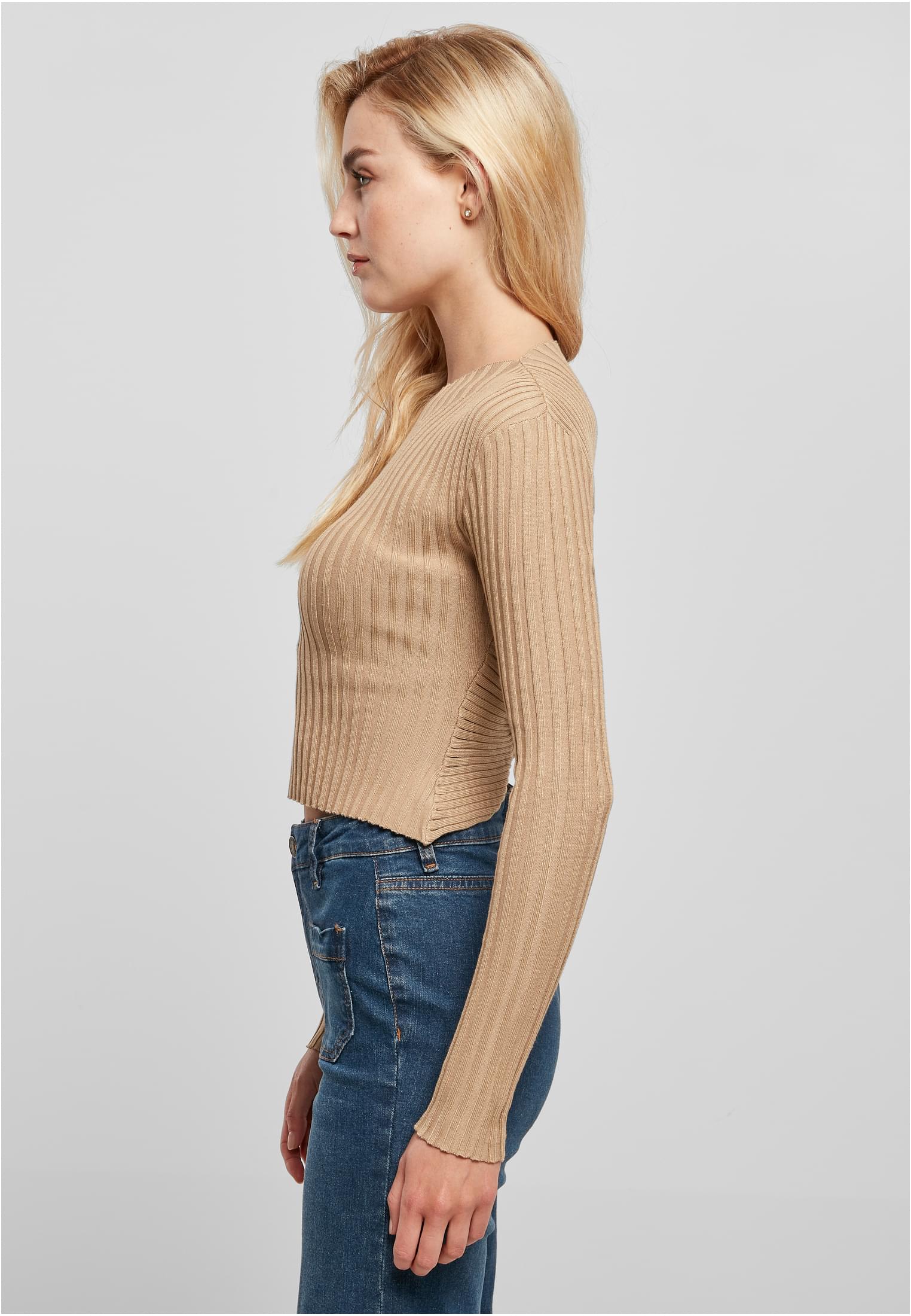 Ladies Short Rib Knit Twisted Back Sweater | unionbeige