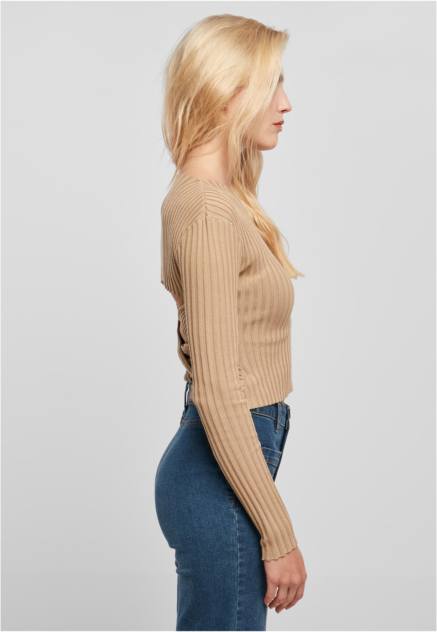 Ladies Short Rib Knit Twisted Back Sweater | unionbeige