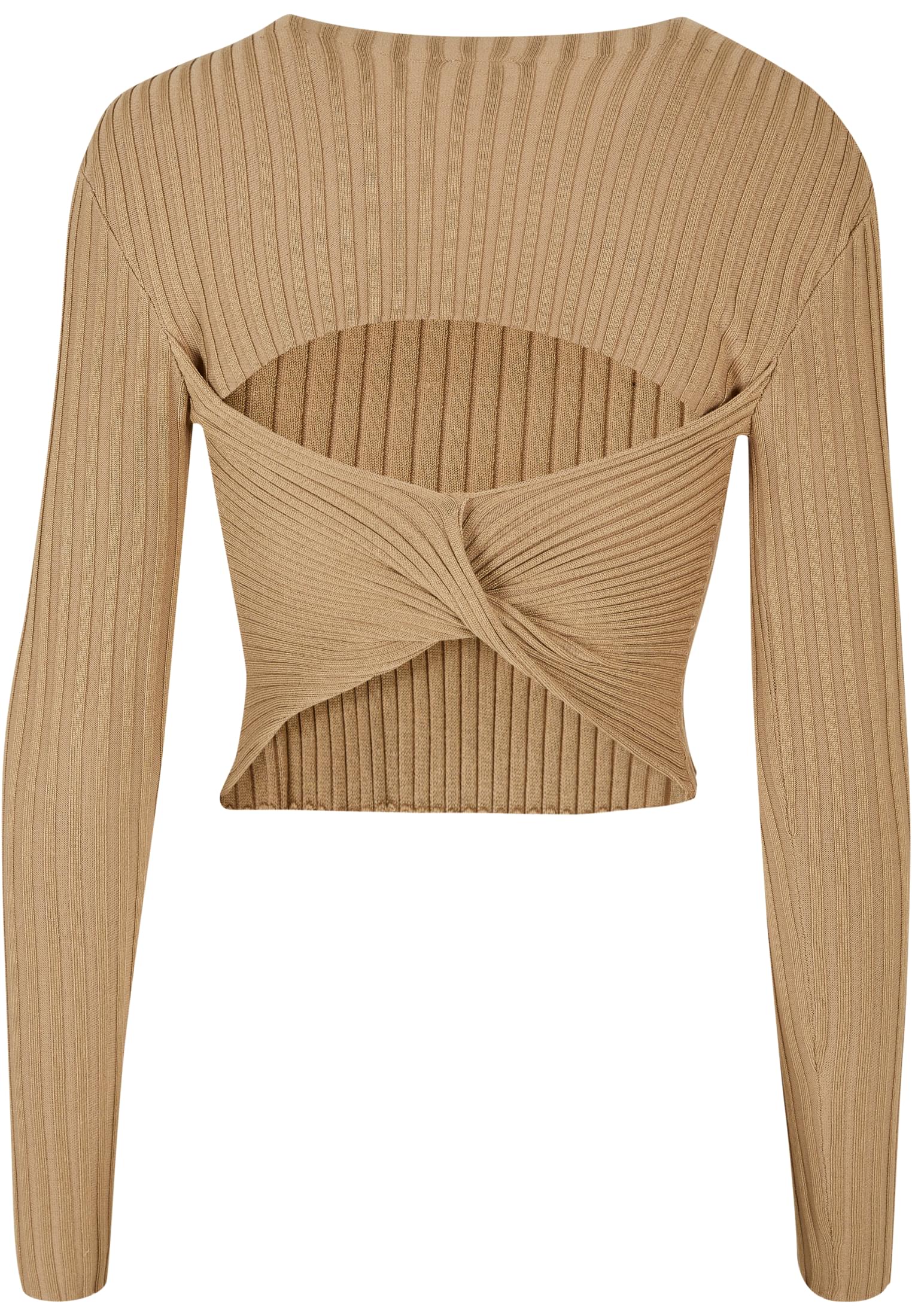 Ladies Short Rib Knit Twisted Back Sweater | unionbeige