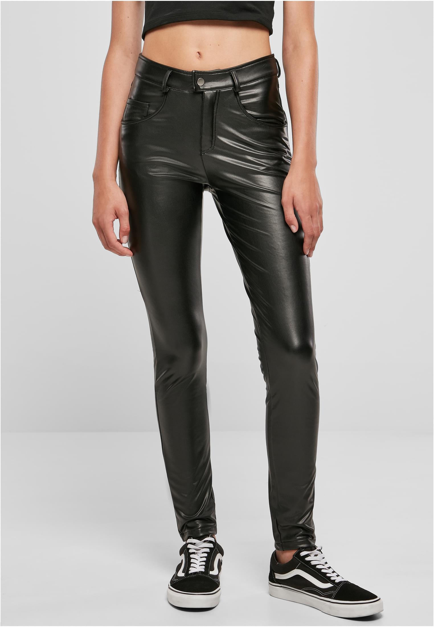 Ladies Mid Waist Synthetic Leather Pants | black