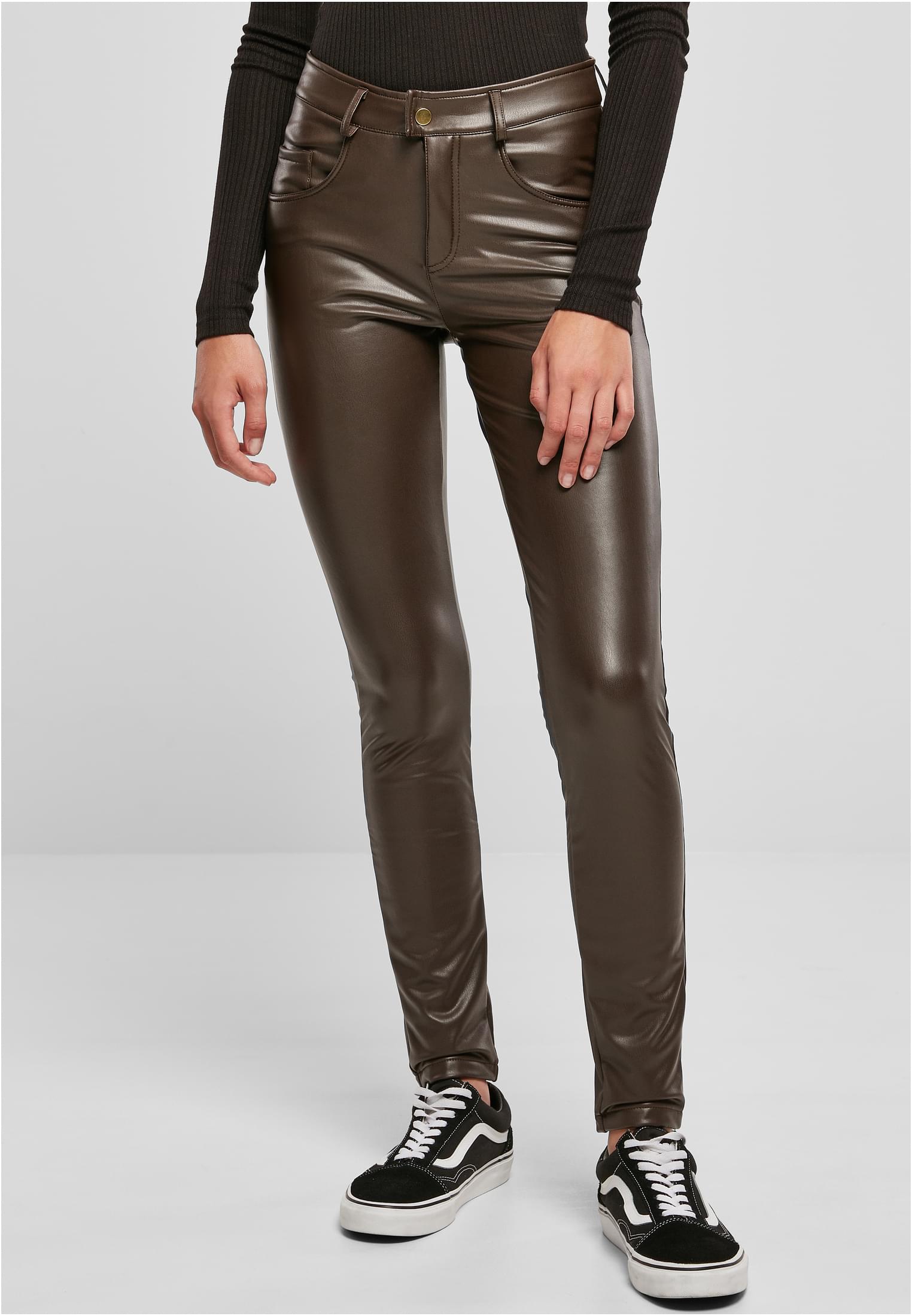 Ladies Mid Waist Synthetic Leather Pants | brown