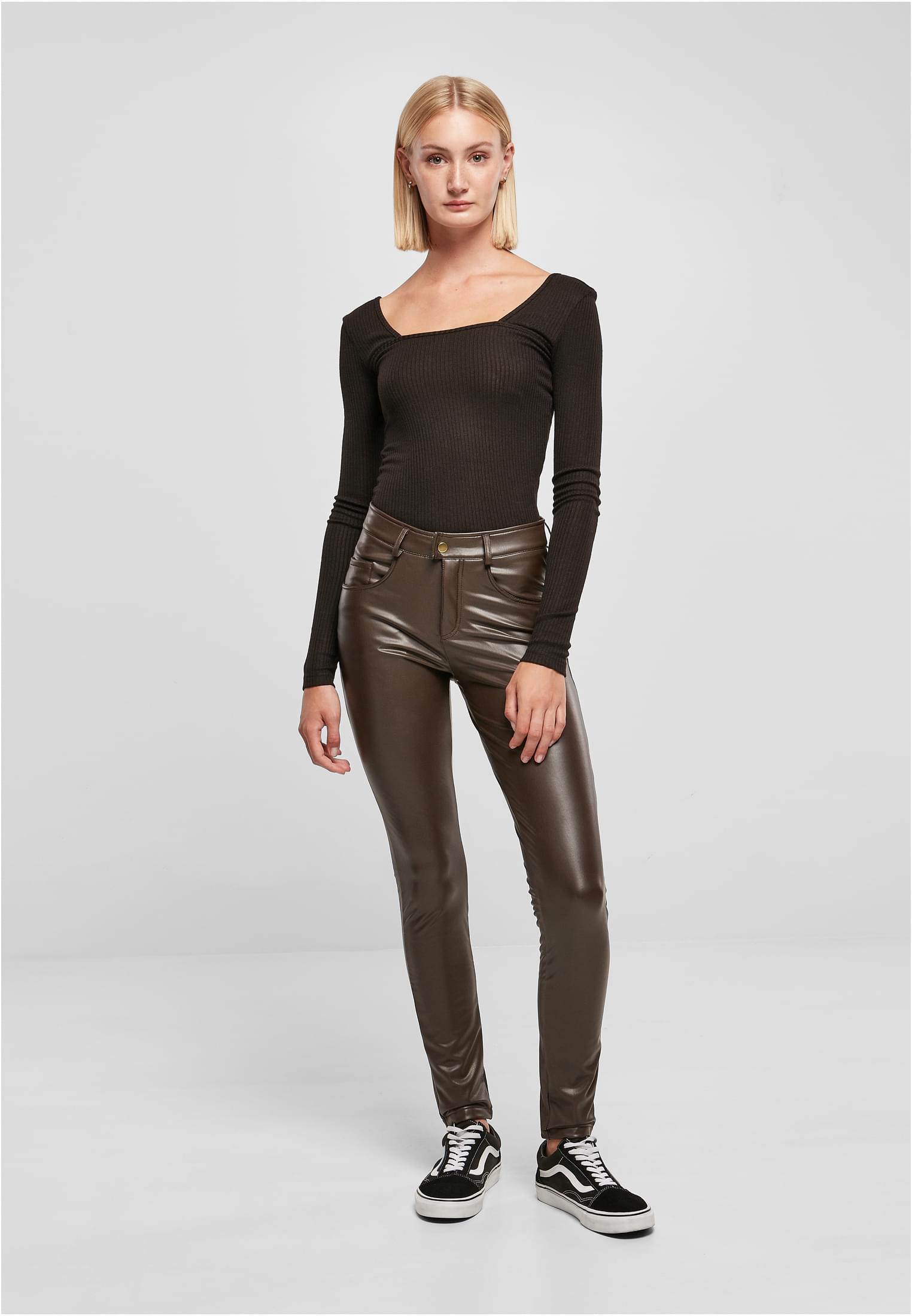 Ladies Mid Waist Synthetic Leather Pants | brown