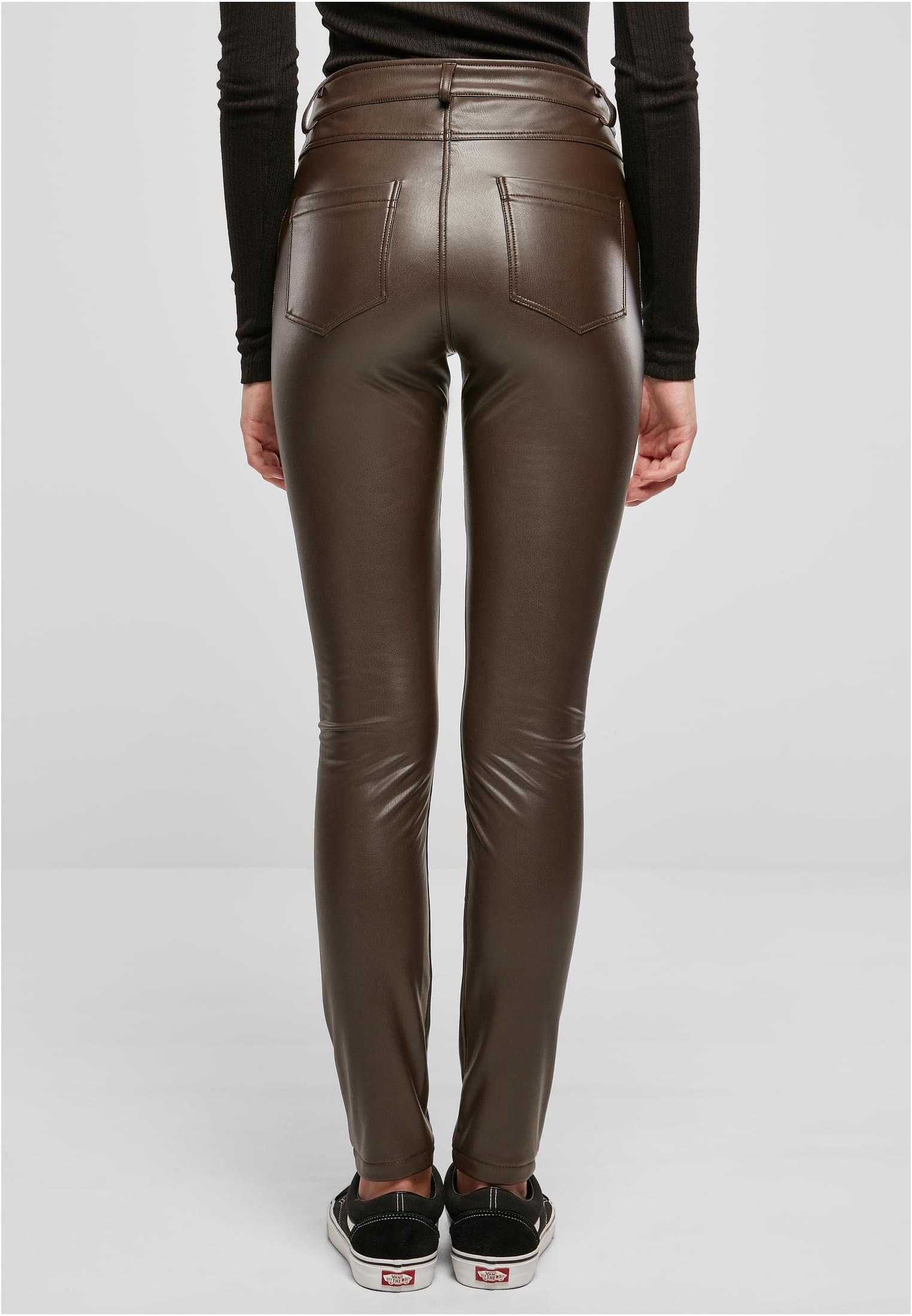 Ladies Mid Waist Synthetic Leather Pants | brown