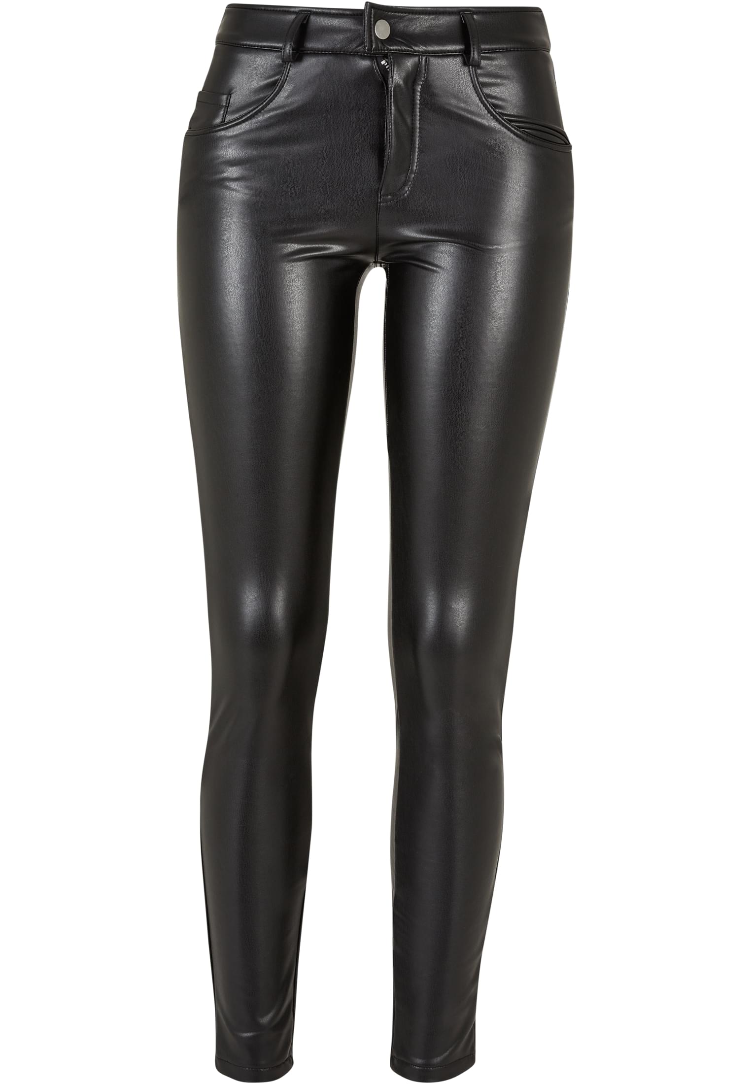 Ladies Mid Waist Synthetic Leather Pants | black