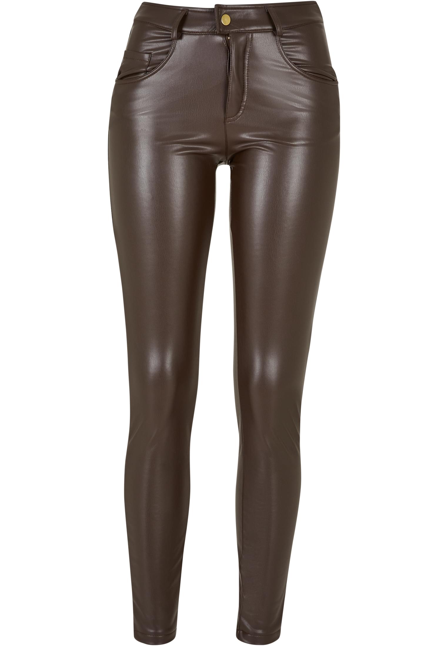 Ladies Mid Waist Synthetic Leather Pants | brown