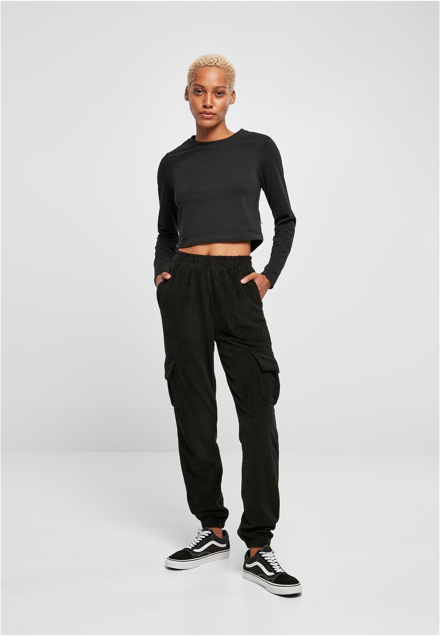 Ladies High Waist Velvet Rib Cargo Sweat Pants | black