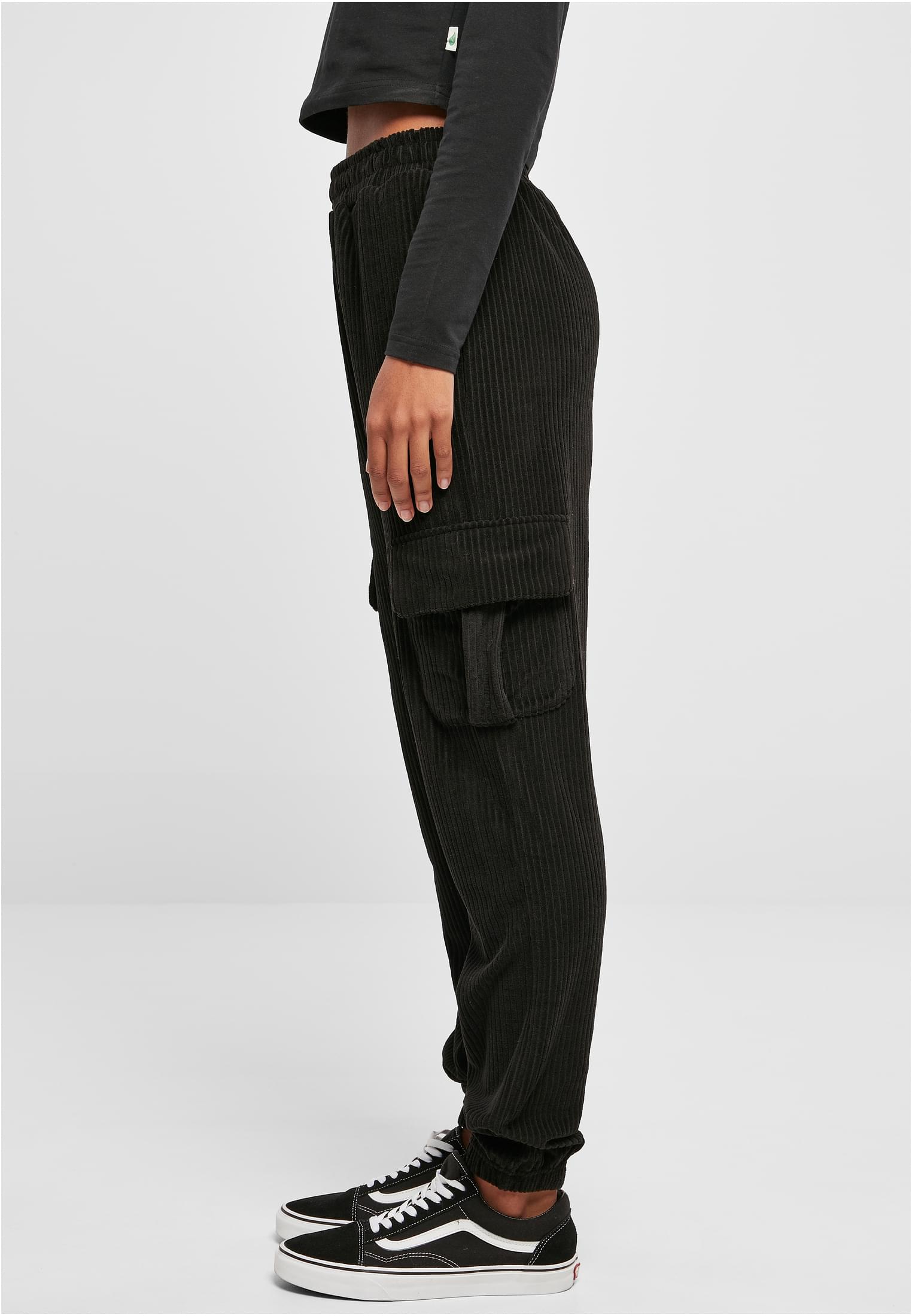 Ladies High Waist Velvet Rib Cargo Sweat Pants | black