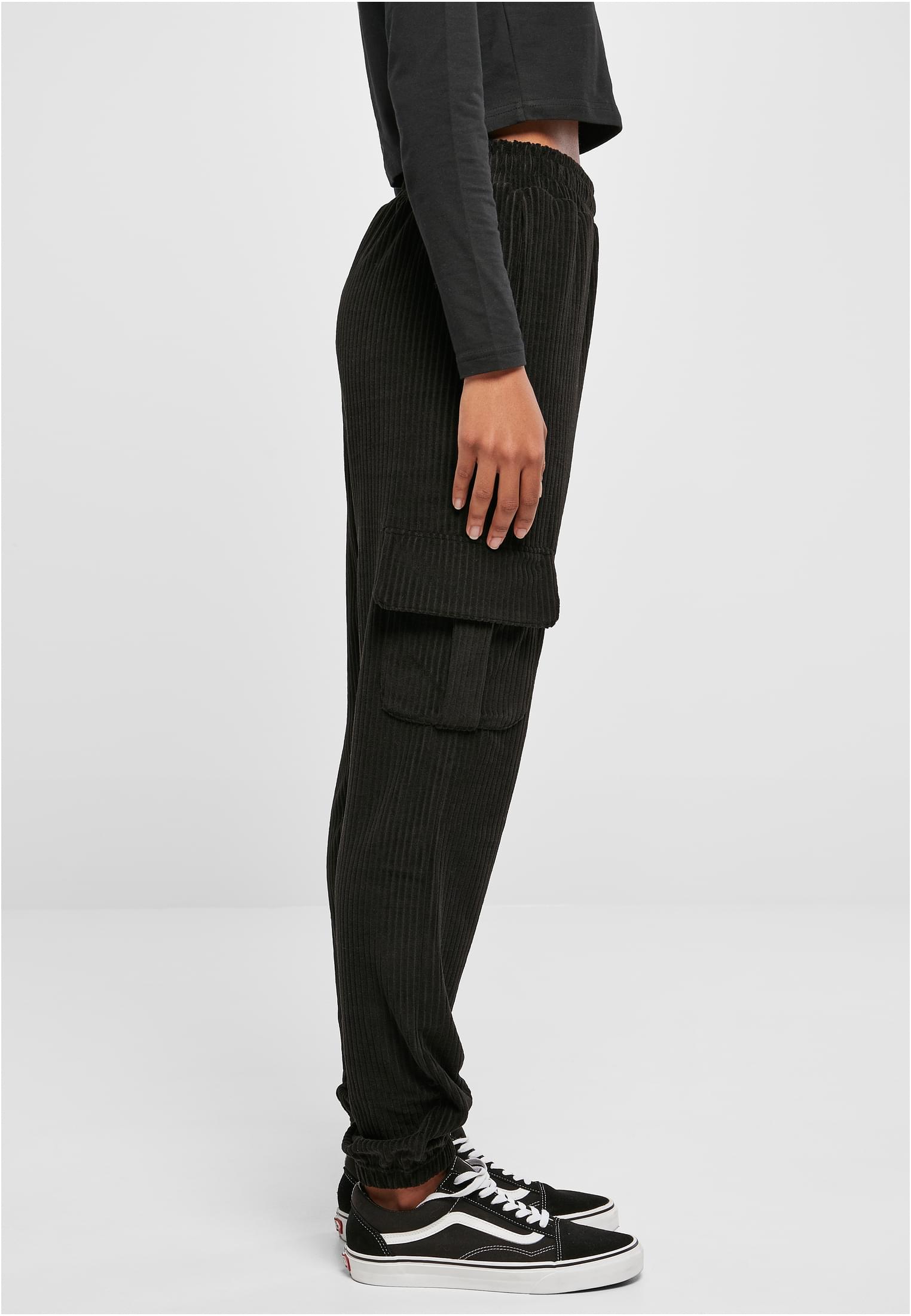 Ladies High Waist Velvet Rib Cargo Sweat Pants | black